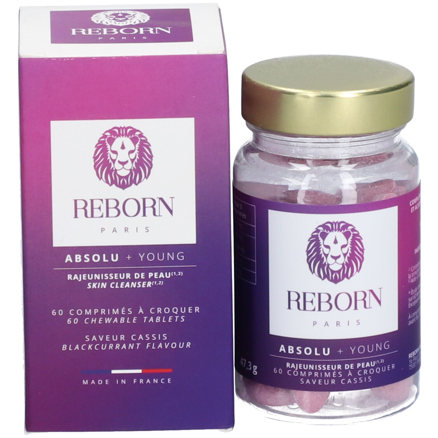 Emballage et flacon. Boîte "REBORN PARIS ABSOLU + YOUNG". Flacon avec comprimés. Bouchon doré.