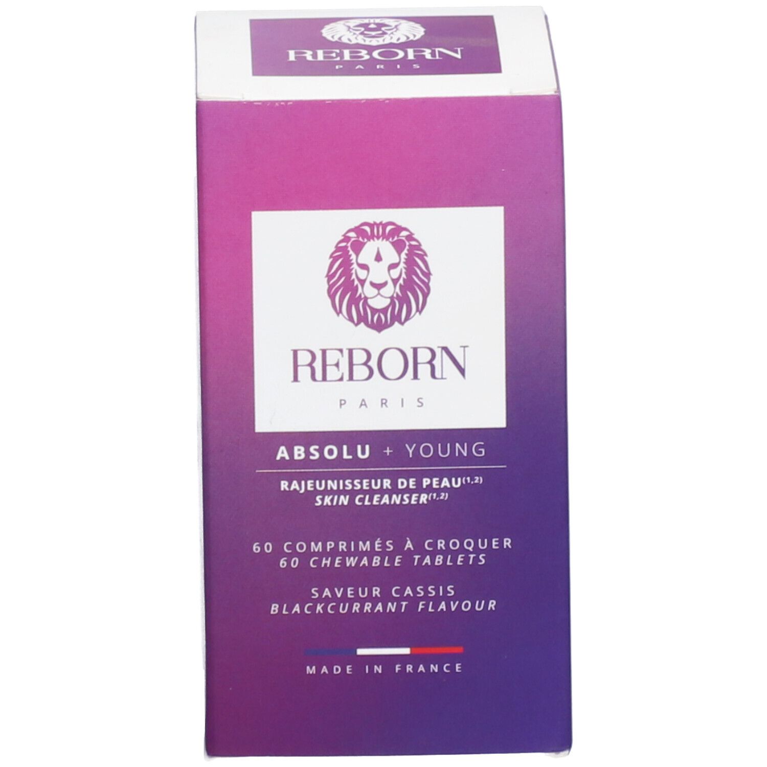 Emballage produit. Boîte "REBORN PARIS ABSOLU + YOUNG". 60 comprimés. Goût cassis.
