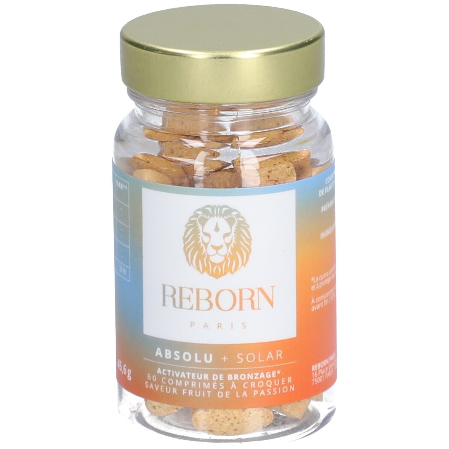 Flacon en verre avec comprimés. Étiquette avec nom et logo du produit. Bouchon doré.