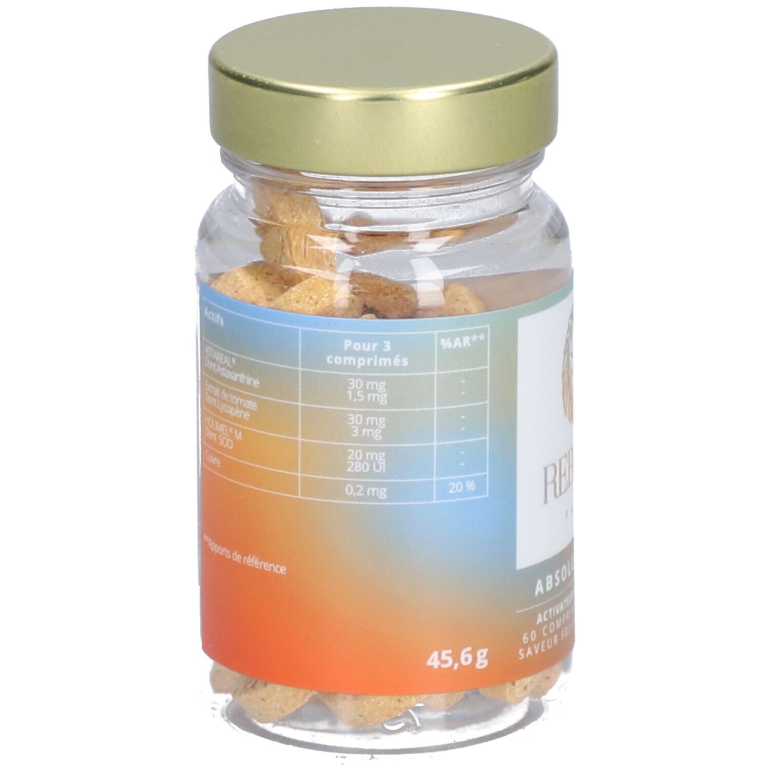 Dos du flacon de comprimés. Informations nutritionnelles sur l'étiquette. Dégradé de bleu à orange.
