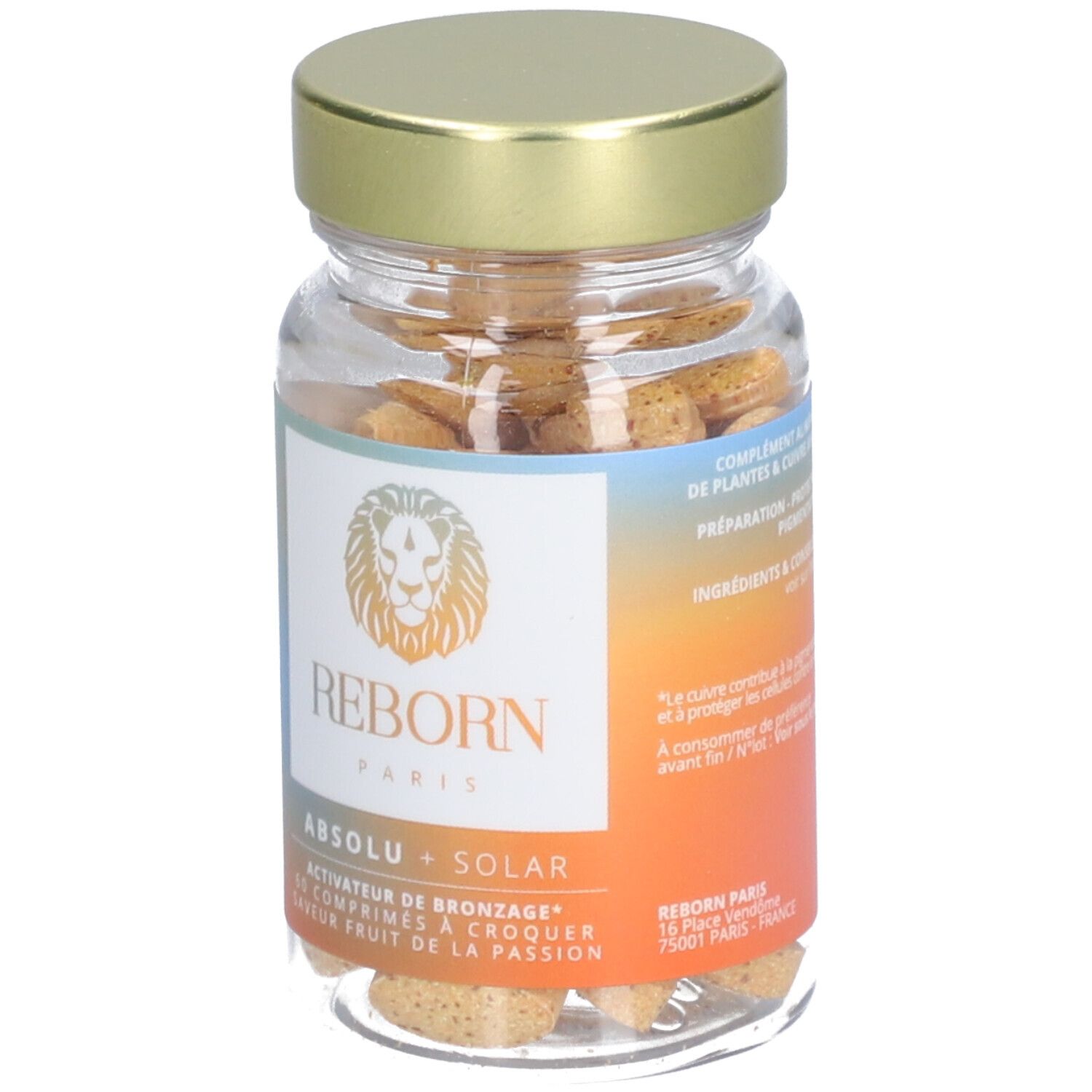 Flacon de comprimés avec nom et logo du produit. Dégradé de bleu à orange.
