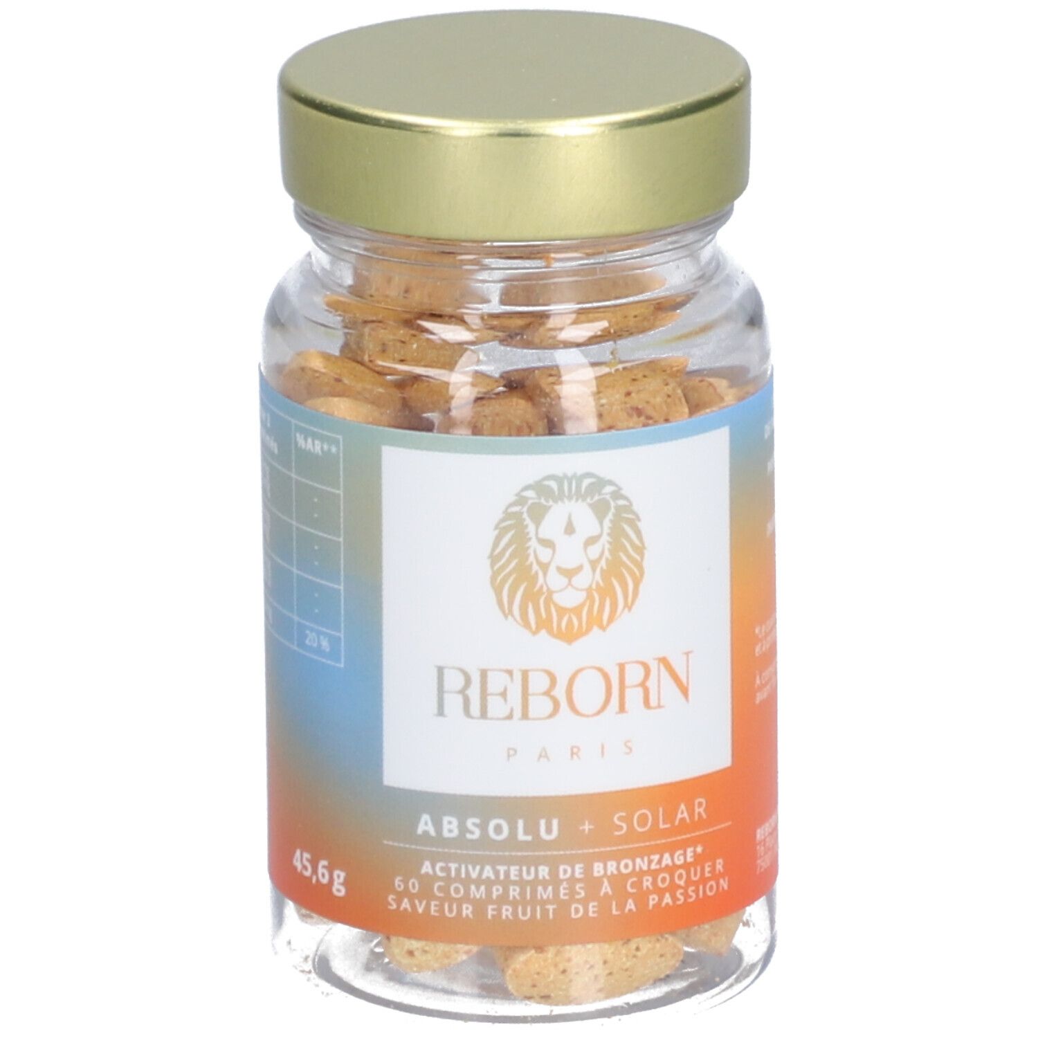 Flacon de comprimés avec nom et logo du produit. Bouchon doré. 45,6g.