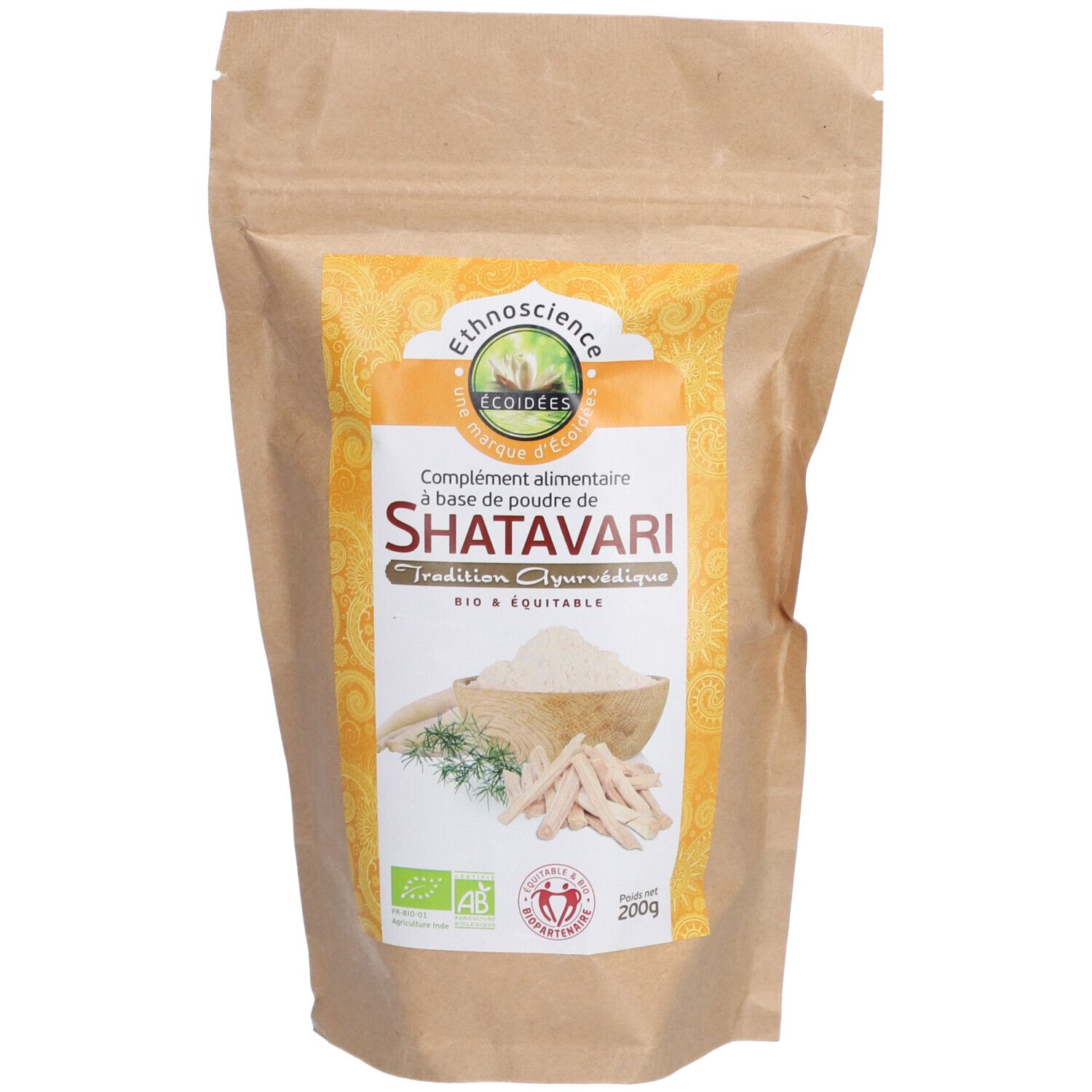 Sachet de poudre Ethnowissenschaft SHATAVARI. Face avant avec logo, nom du produit et ingrédients. Certification bio.