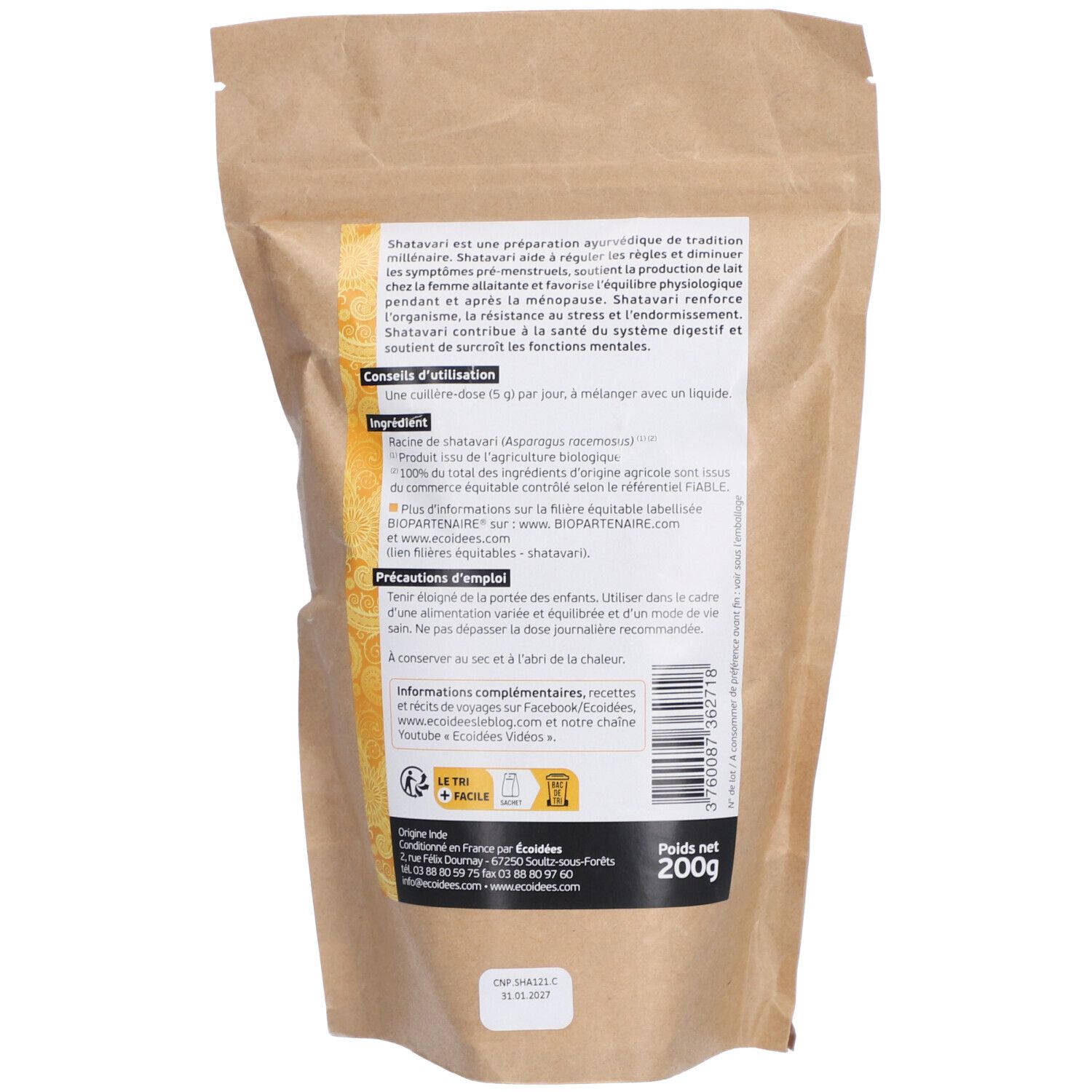 Dos du sachet Ethnowissenschaft SHATAVARI. Texte avec informations produit et ingrédients. Poids 200g.