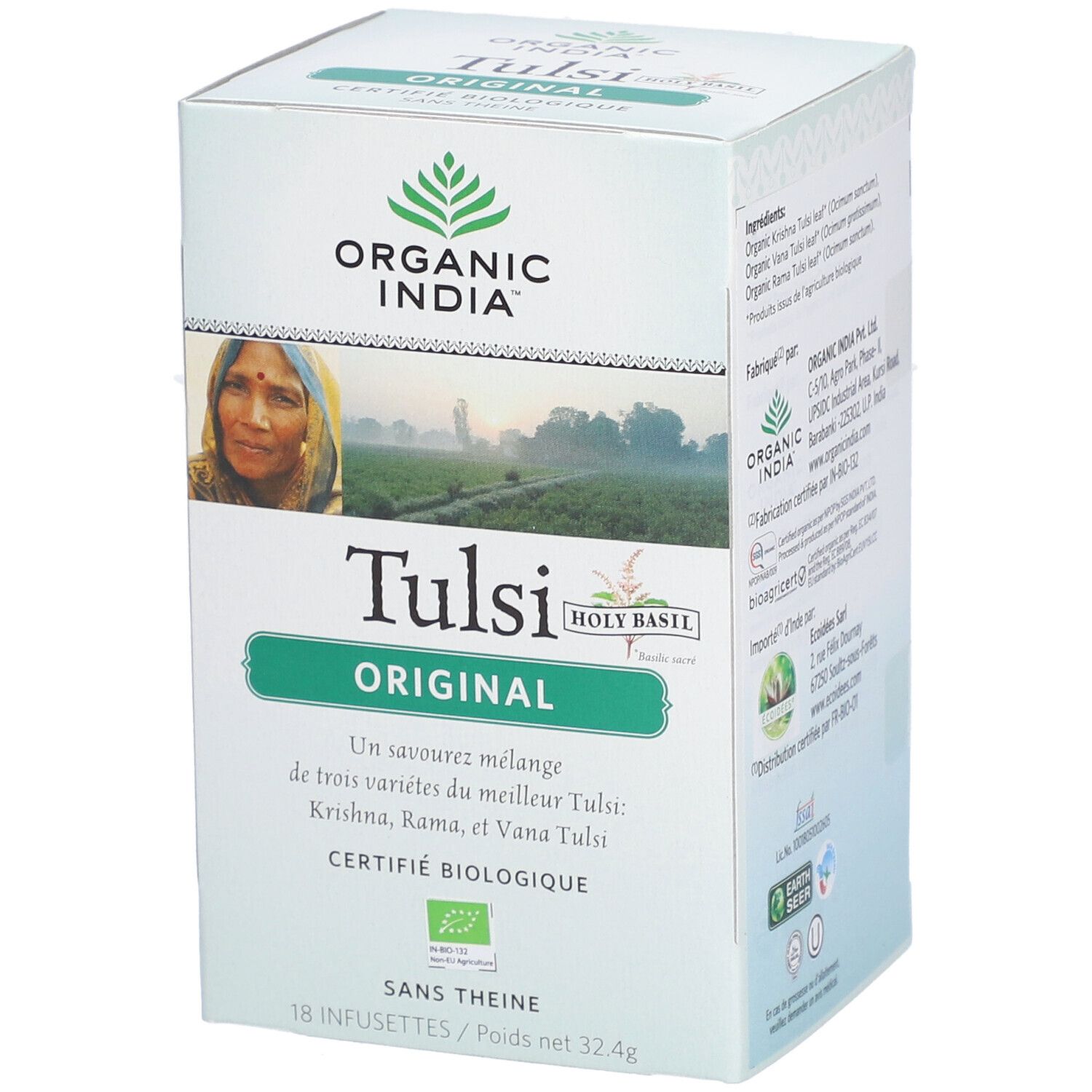 Boîte de thé Bio Indien Tulsi Original. Emballage vert et blanc avec logo, nom du produit et certification.