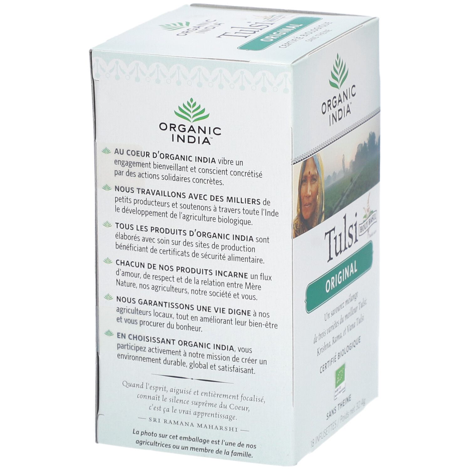 Dos de la boîte Bio Indien Tulsi Original. Texte sur la marque et la responsabilité sociale.