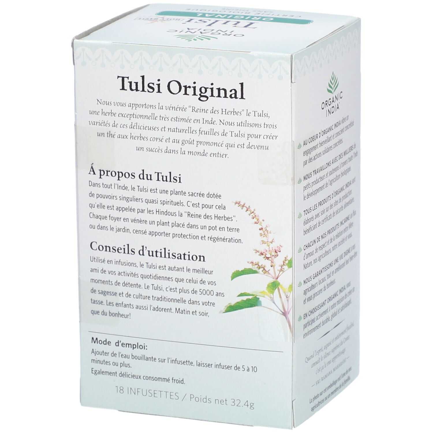 Côté de la boîte Bio Indien Tulsi Original. Texte sur l'utilisation et les ingrédients.