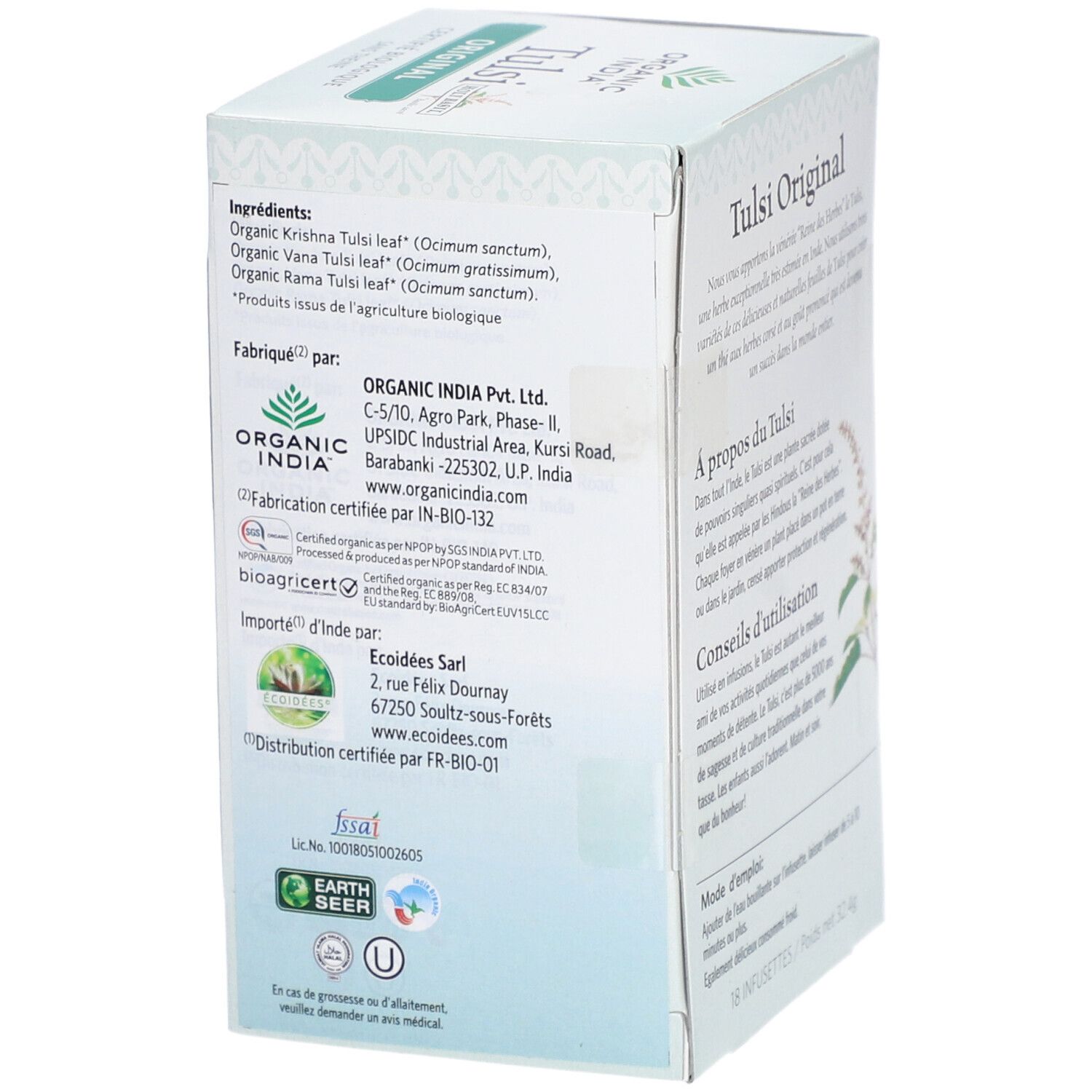 Côté de la boîte Bio Indien Tulsi Original. Informations sur les ingrédients, le fabricant et les certifications.