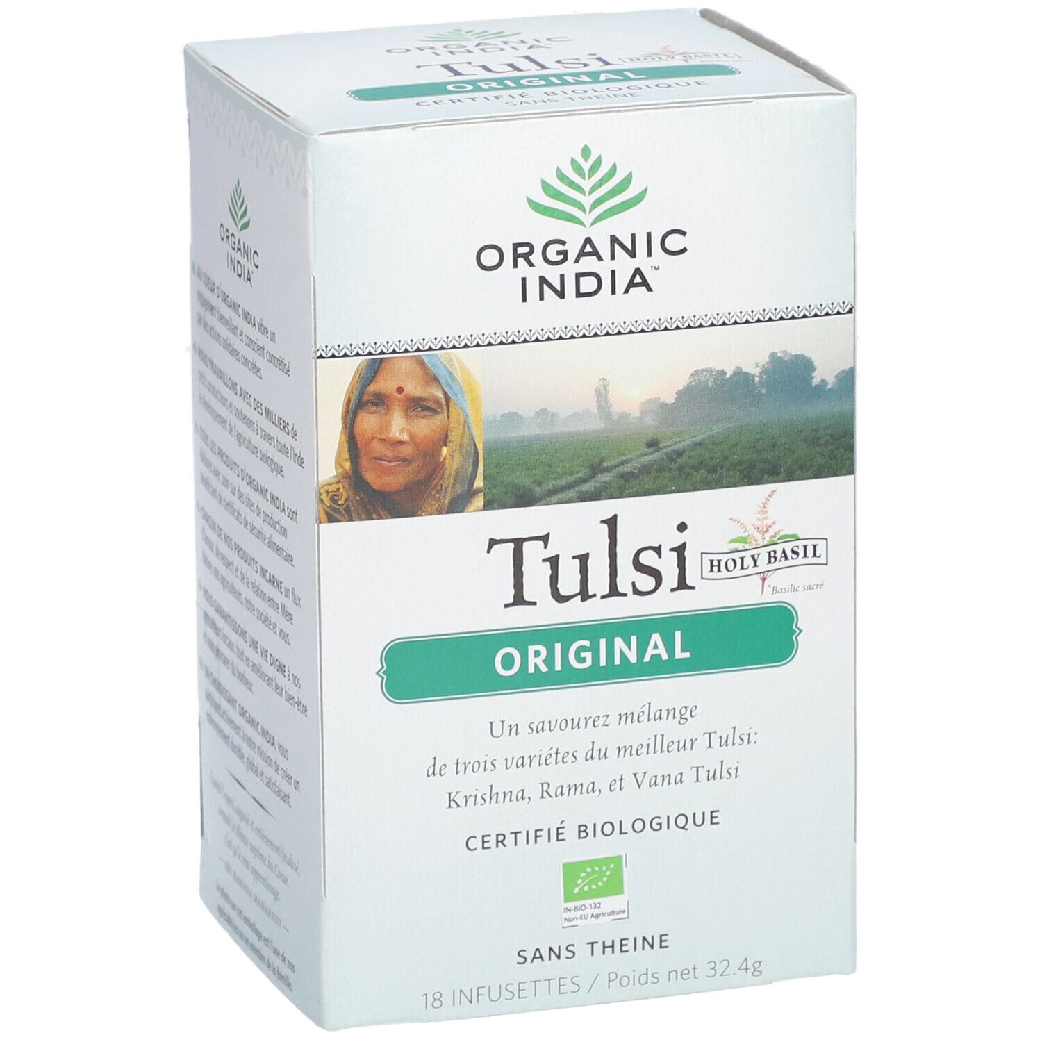 Boîte de Bio Indien Tulsi Original. Vue de face avec logo, nom du produit et certification.