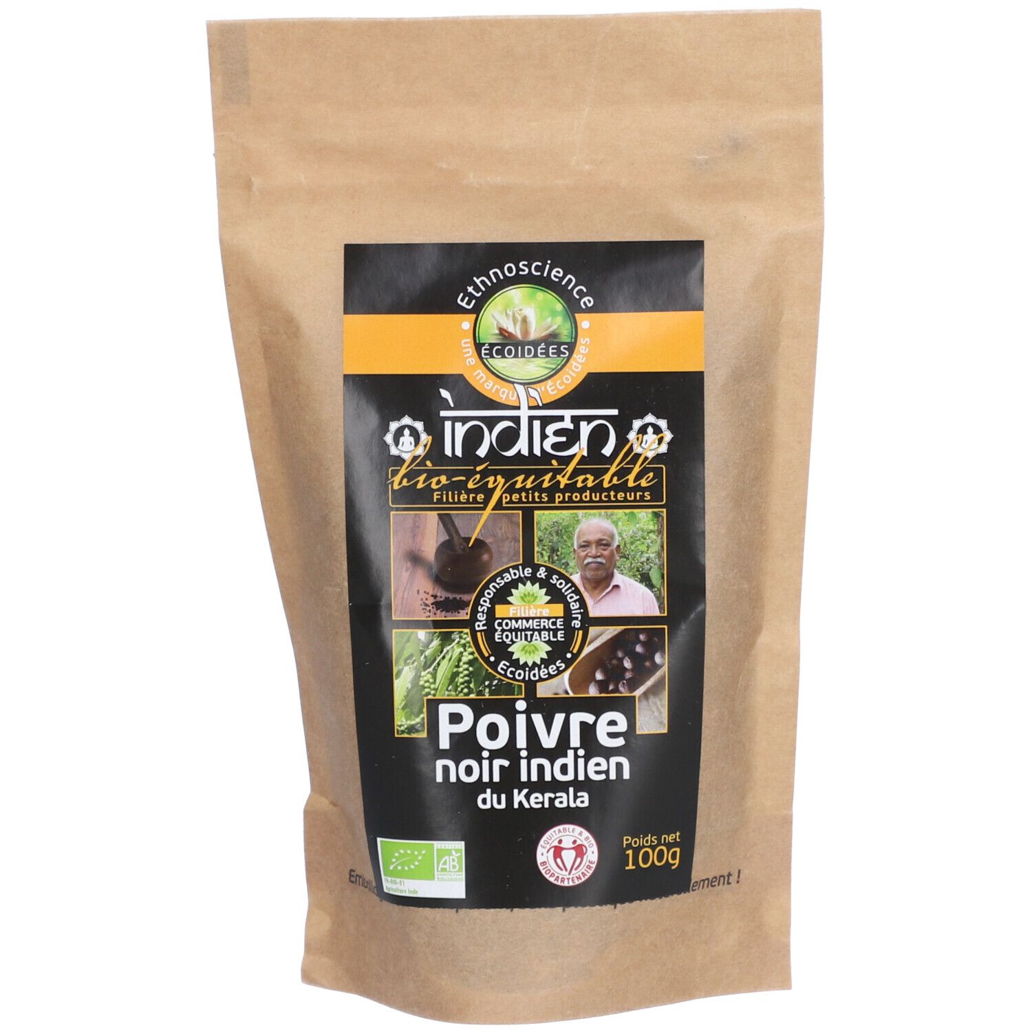Sachet de poivre noir indien. Étiquette avec nom du produit, label bio et photo. Poids net : 100g.