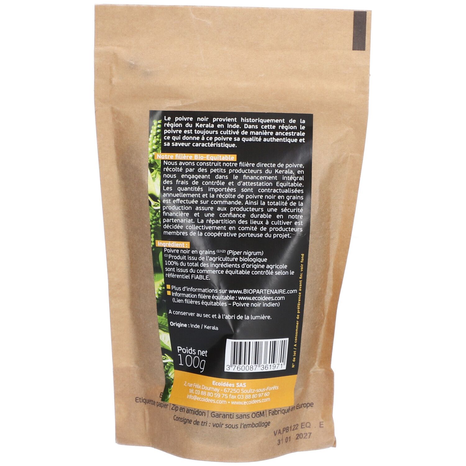 Dos du sachet de poivre. Texte avec informations produit et label bio. Poids net : 100g.