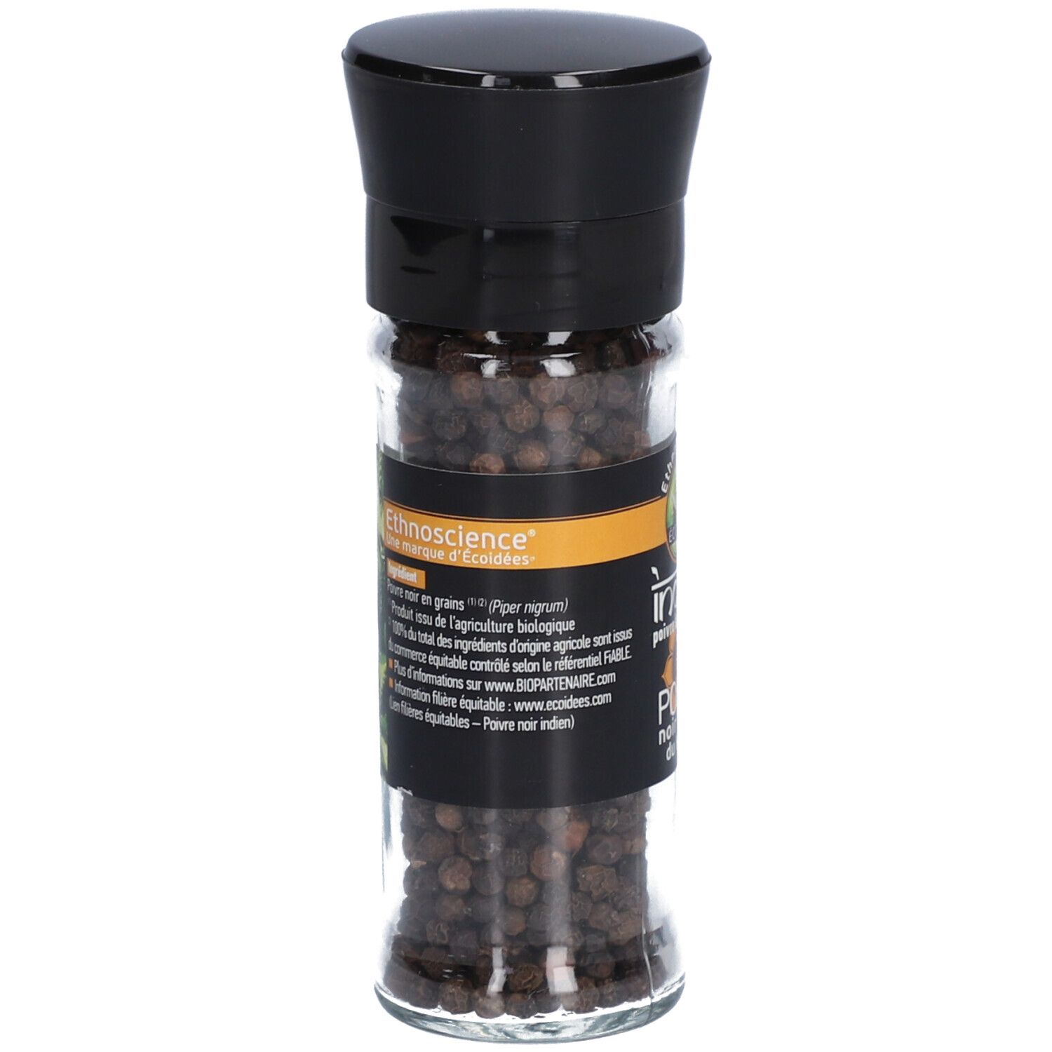 Pot en verre de poivre noir. Bouchon noir. Étiquette: Ethnoscience, Indien, poivre.