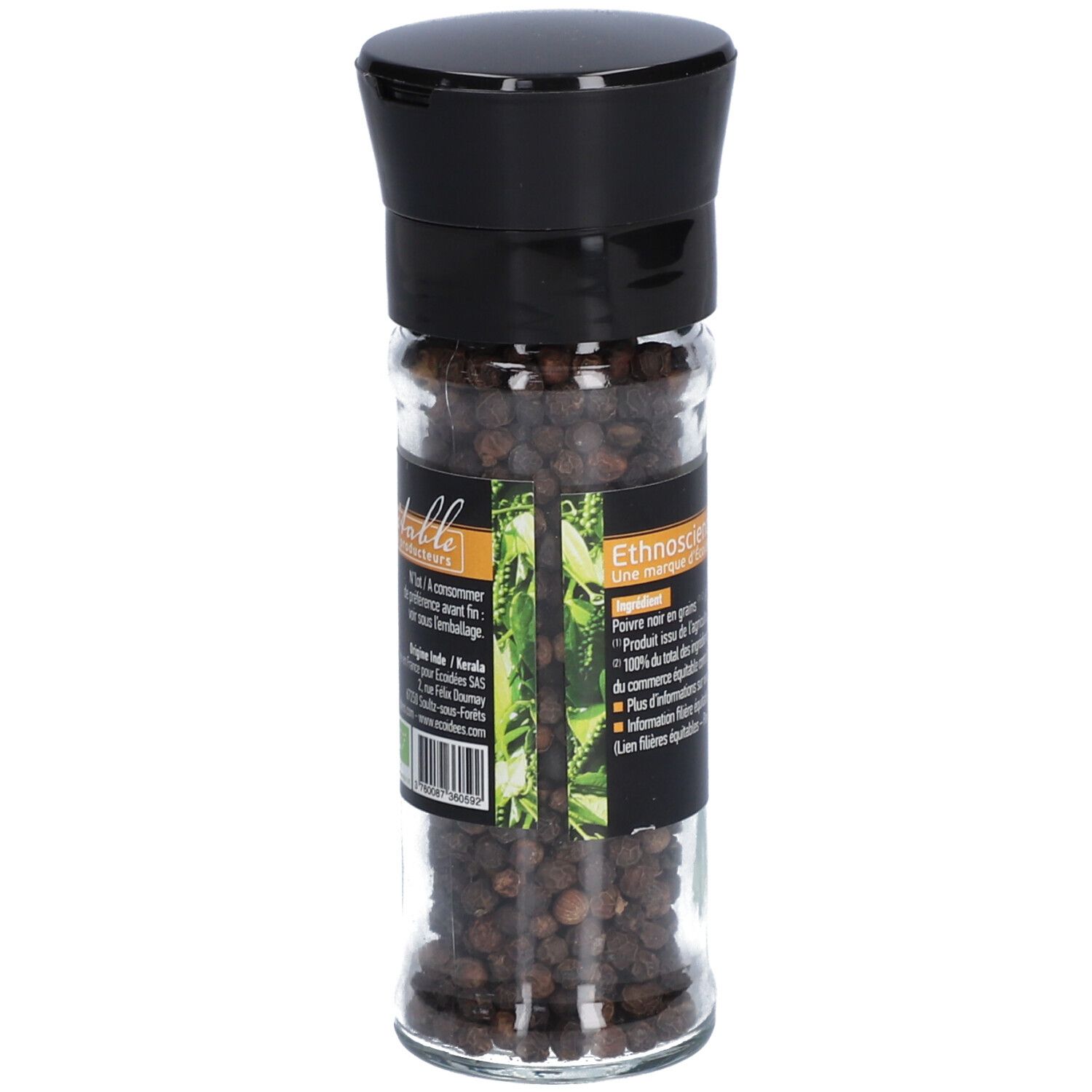 Pot en verre de poivre noir. Bouchon noir. Étiquette: Ethnoscience, poivre, bio.