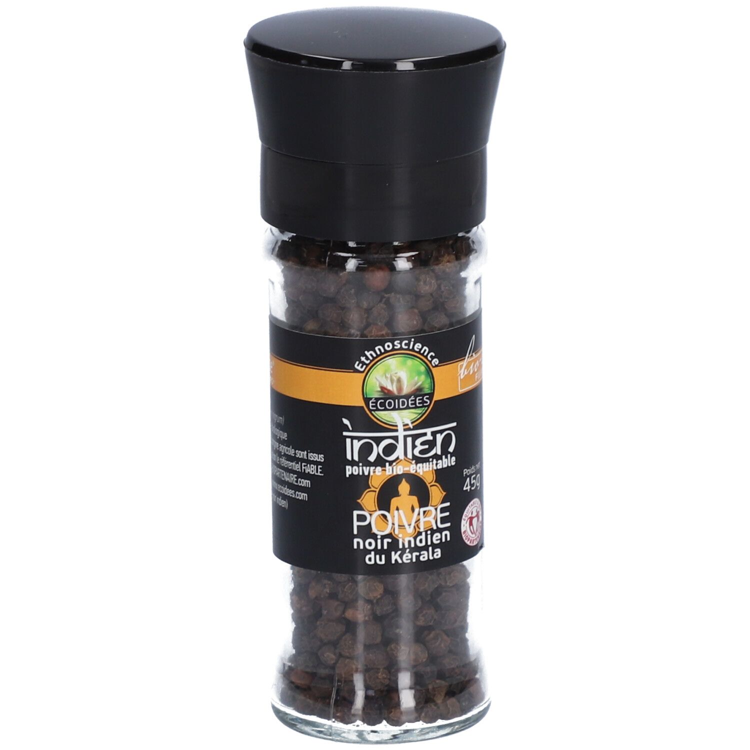 Pot en verre de poivre noir indien. Bouchon noir. Étiquette: Indien, poivre, 45g.