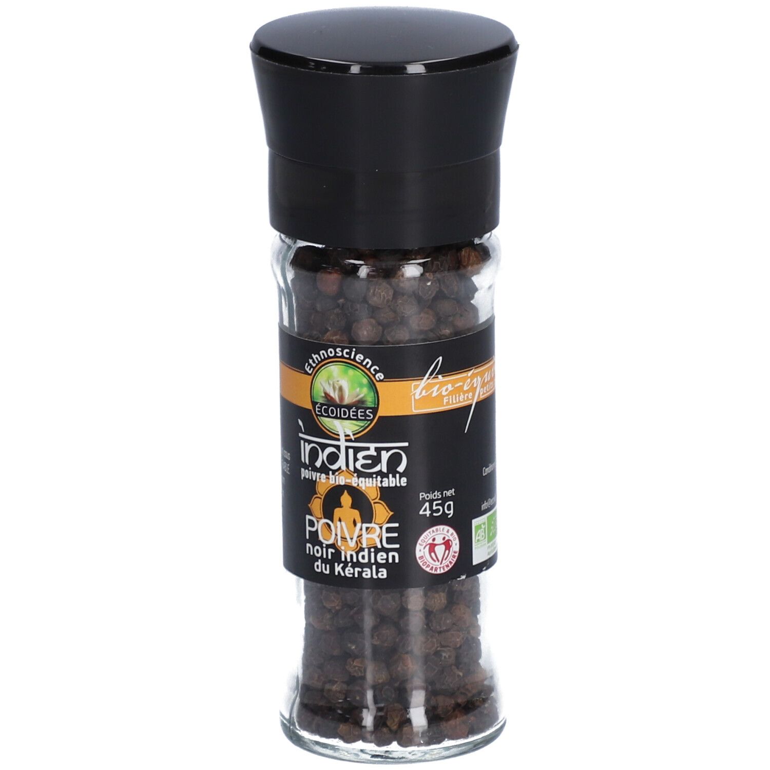 Pot en verre de poivre noir indien. Bouchon noir. Étiquette: Indien, poivre, 45g, bio.