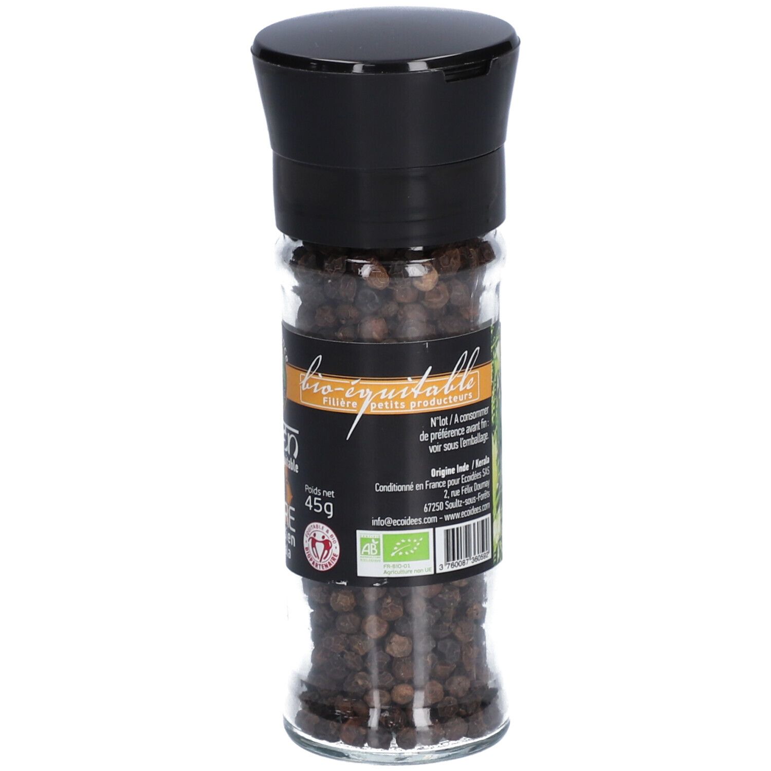 Pot en verre de poivre noir indien. Bouchon noir. Étiquette: Indien, poivre, 45g, bio.