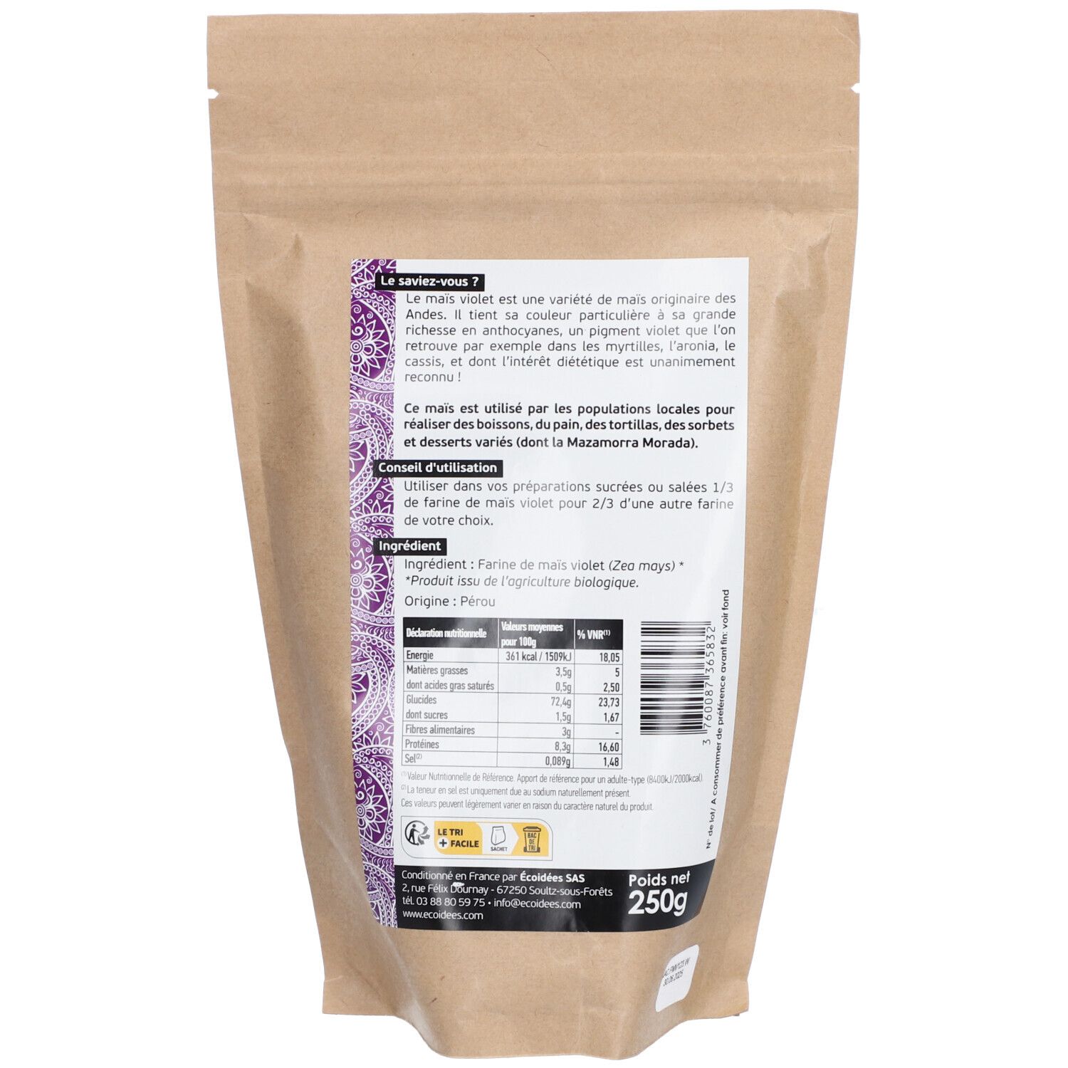 Sachet de farine de maïs violet. Dos avec texte et informations nutritionnelles. Poids net : 250g. Origine : Pérou.