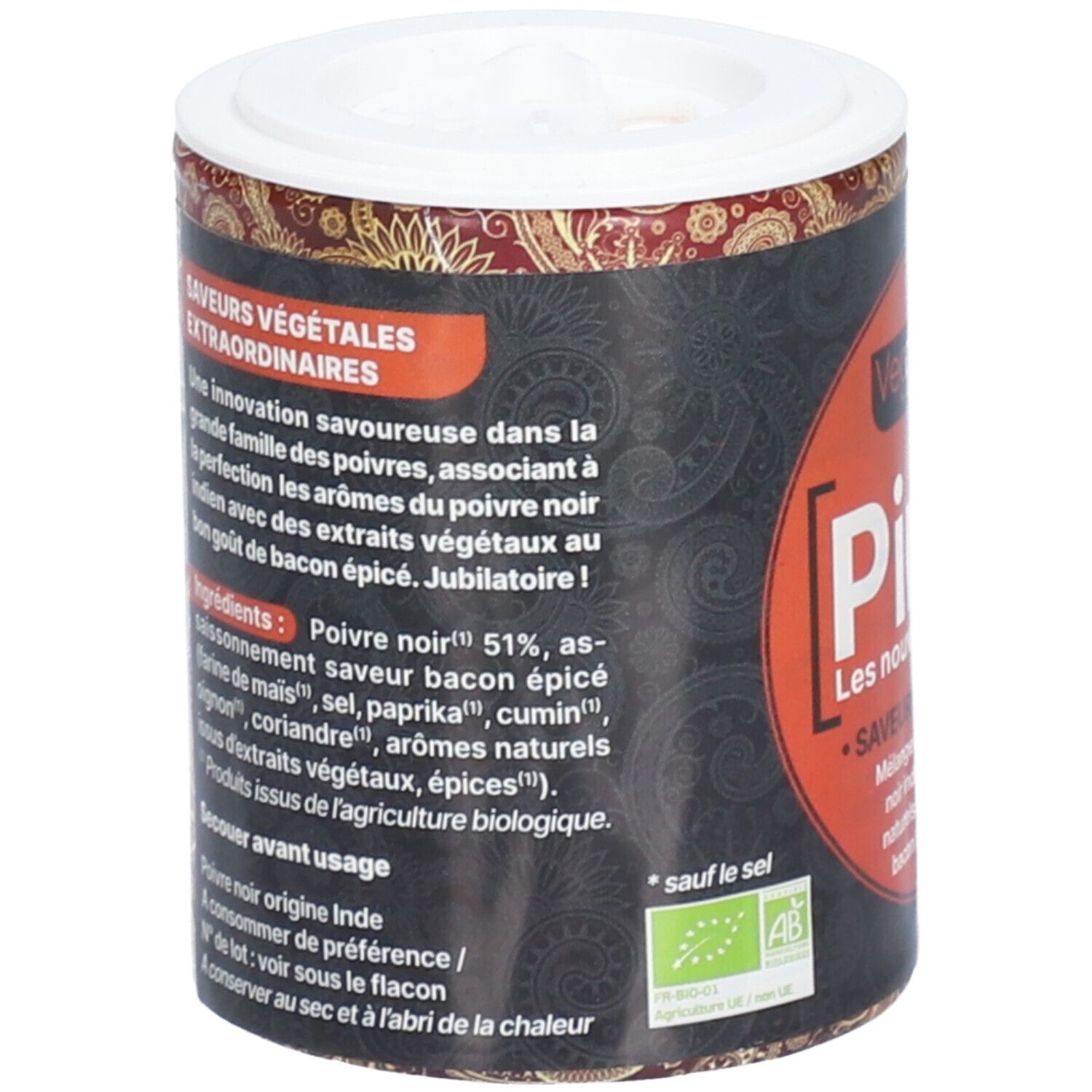 Boîte avec couvercle. Texte: Vegahimsa, ingrédients, poivre noir, goût bacon. Label bio. Texte au dos.