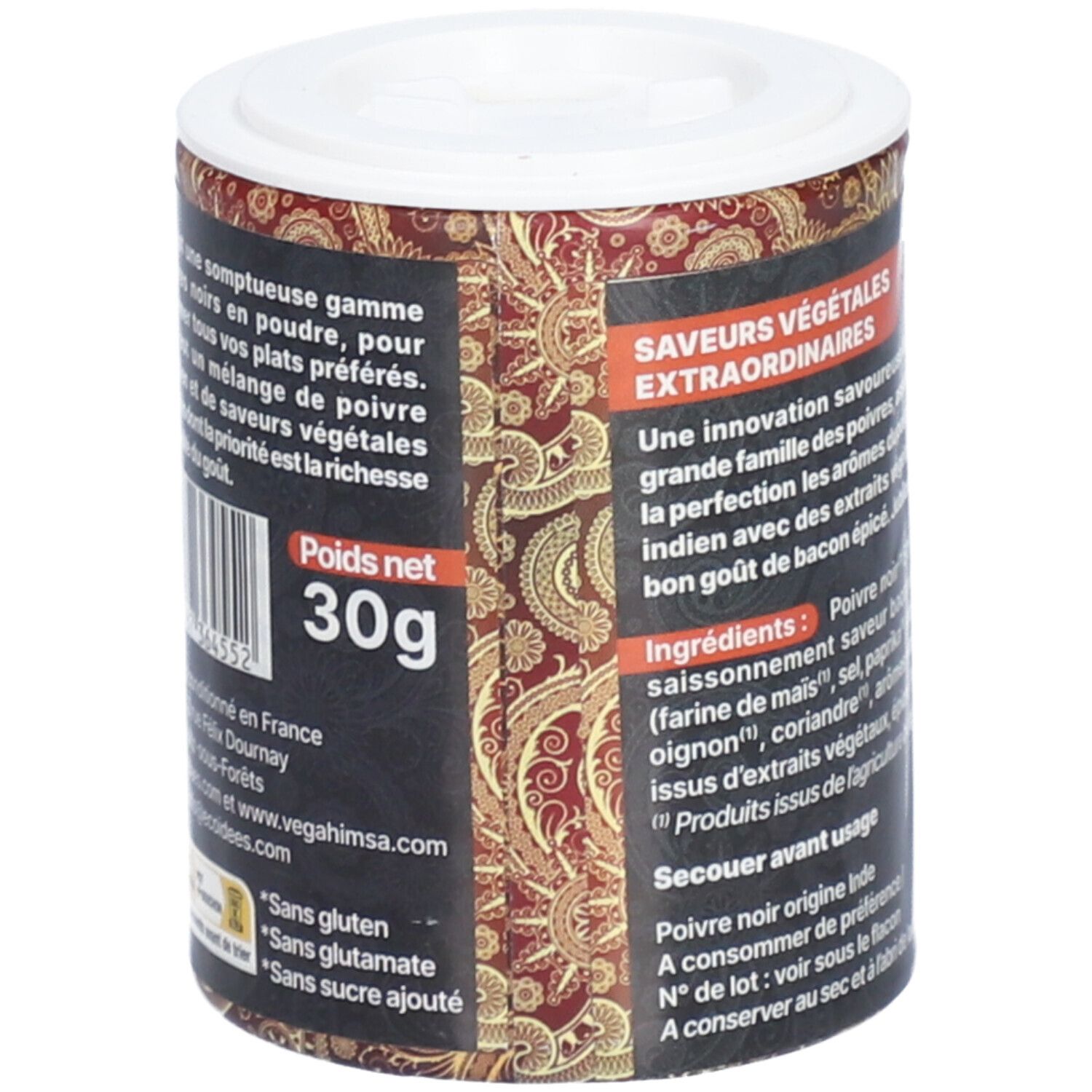 Boîte avec couvercle. Inscription: 30g, Vegahimsa. Texte et code-barres au dos. Sans gluten, sans sucre ajouté.