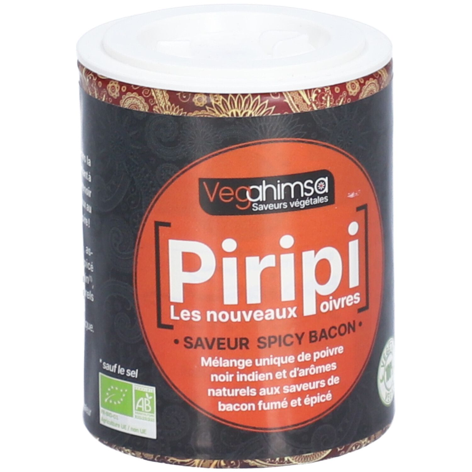 Boîte cylindrique avec couvercle. Inscription: Vegahimsa, Piripi, Les nouveaux poivres, Saveur Spicy Bacon. Label bio.
