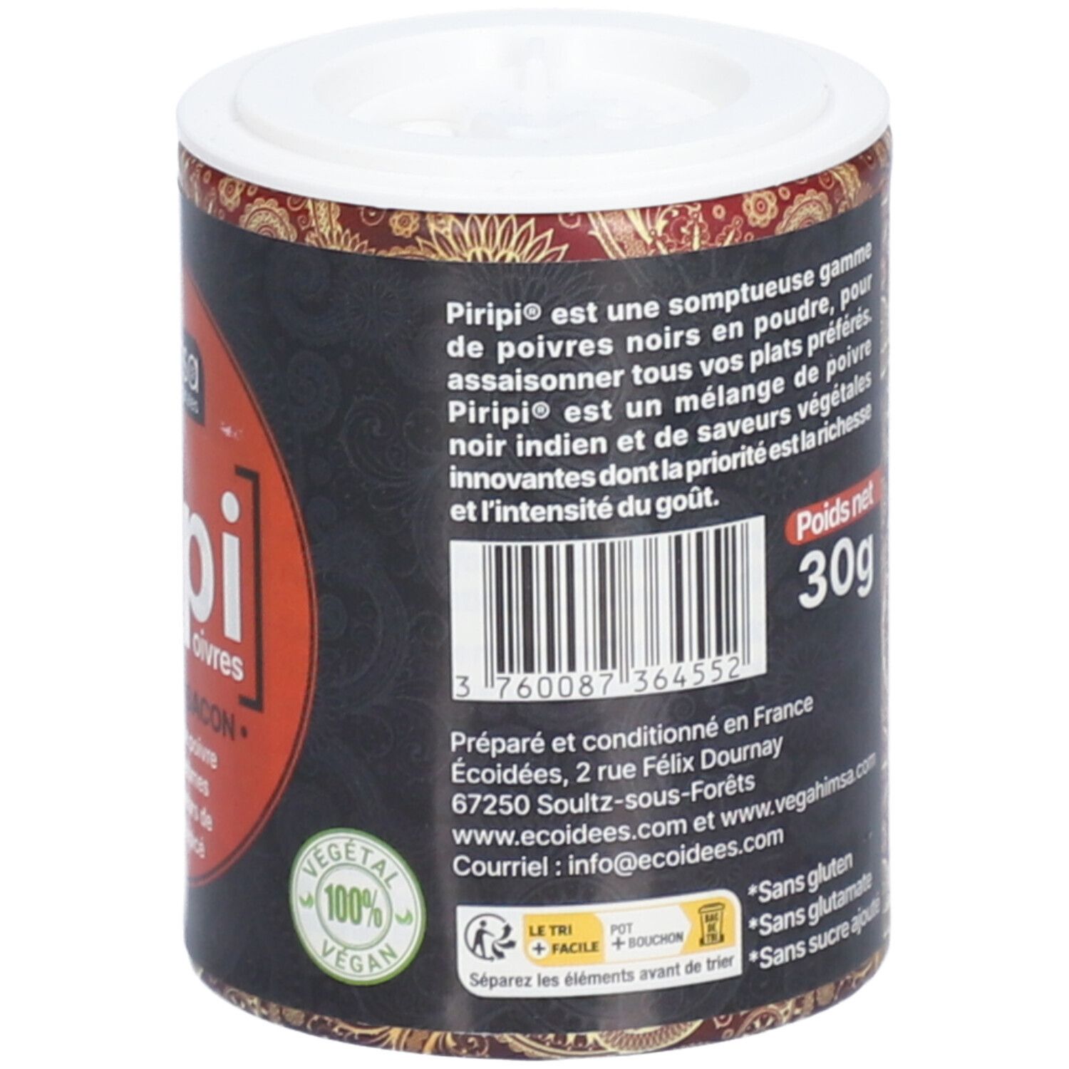 Boîte avec couvercle. Inscription: 30g, Vegahimsa. Label vegan. Texte et code-barres au dos. Sans gluten, sans sucre ajouté.