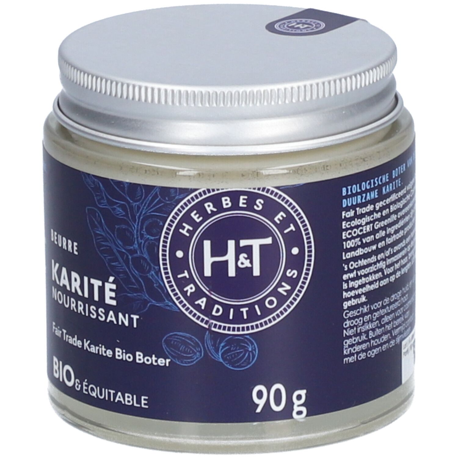 Pot en verre avec crème. Couvercle argenté. Inscriptions: Herbes et Traditions, Karité Nourrissant, Bio & Équitable, 90g.