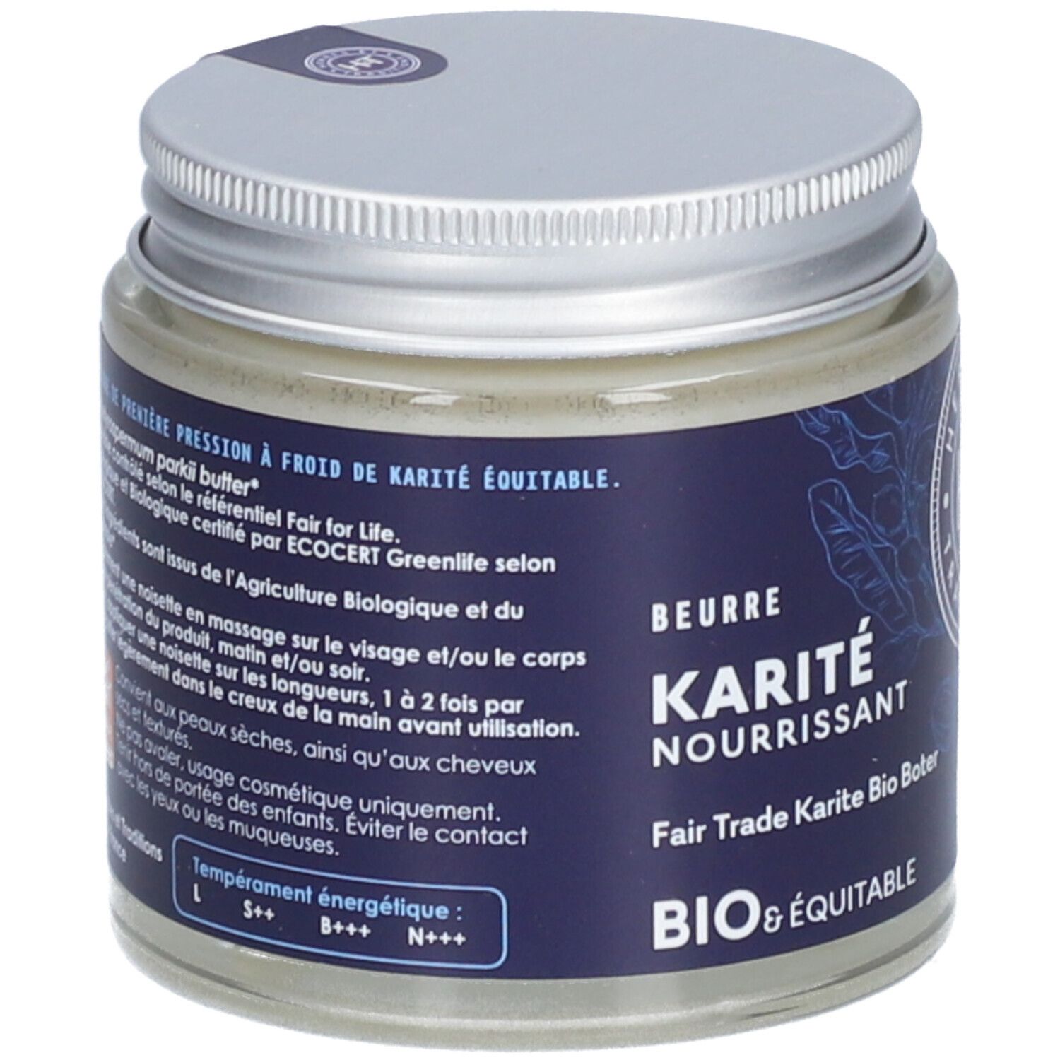 Pot en verre avec crème. Couvercle argenté. Inscriptions: Karité Nourrissant, Bio & Équitable. Texte en français.