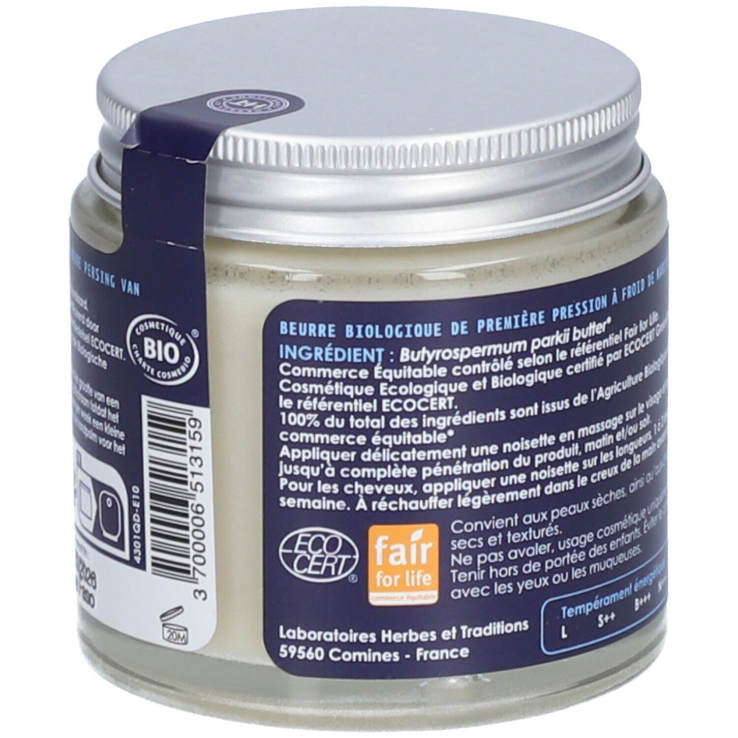Dos du pot de crème. Inscriptions: Ingrédients, ECO CERT, Fair for Life. Adresse: Laboratoires Herbes et Traditions.