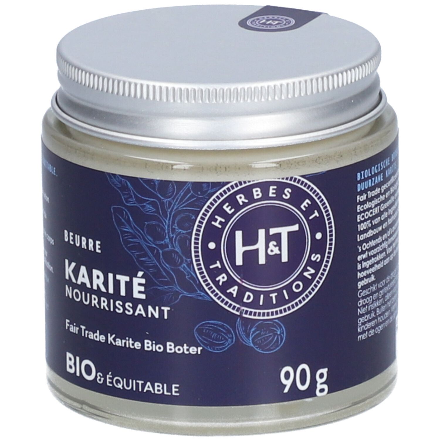 Pot en verre avec crème. Couvercle argenté. Inscriptions: Herbes et Traditions, Karité Nourrissant, Bio & Équitable, 90g.