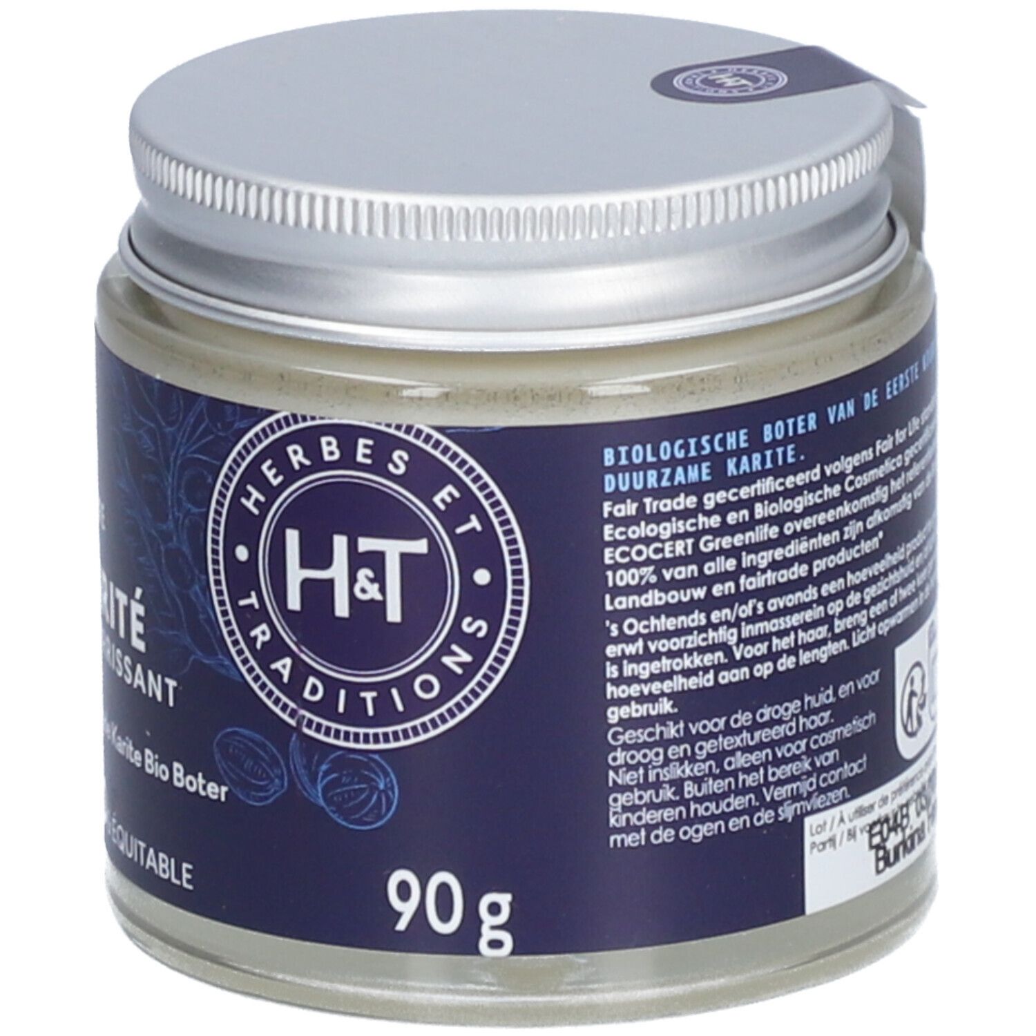 Pot en verre avec crème. Couvercle argenté. Inscriptions: Herbes et Traditions, Karité Nourrissant, Bio & Équitable, 90g. Texte en néerlandais.