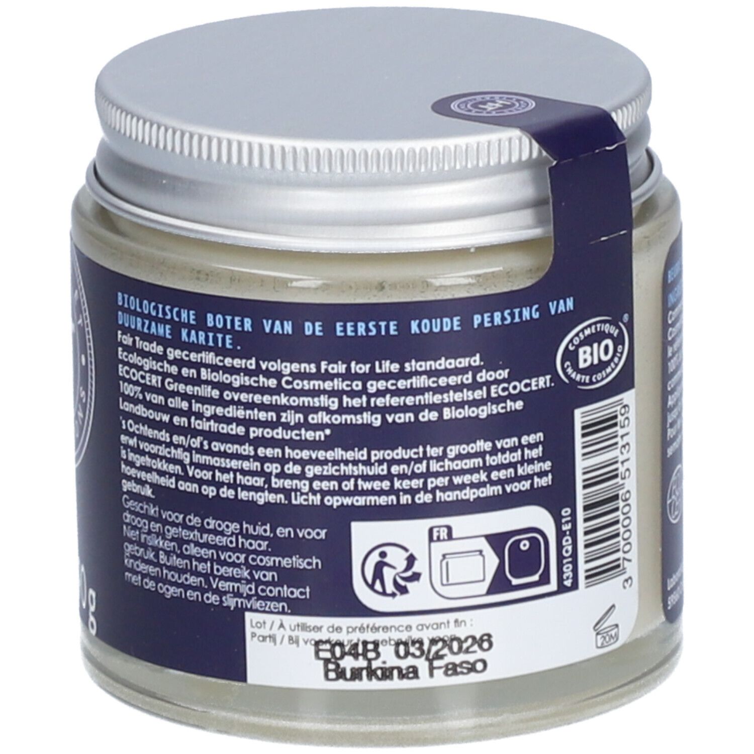 Dos du pot de crème. Inscriptions: Bio Cosmétique, ECO CERT, Fair for Life. Date de péremption.