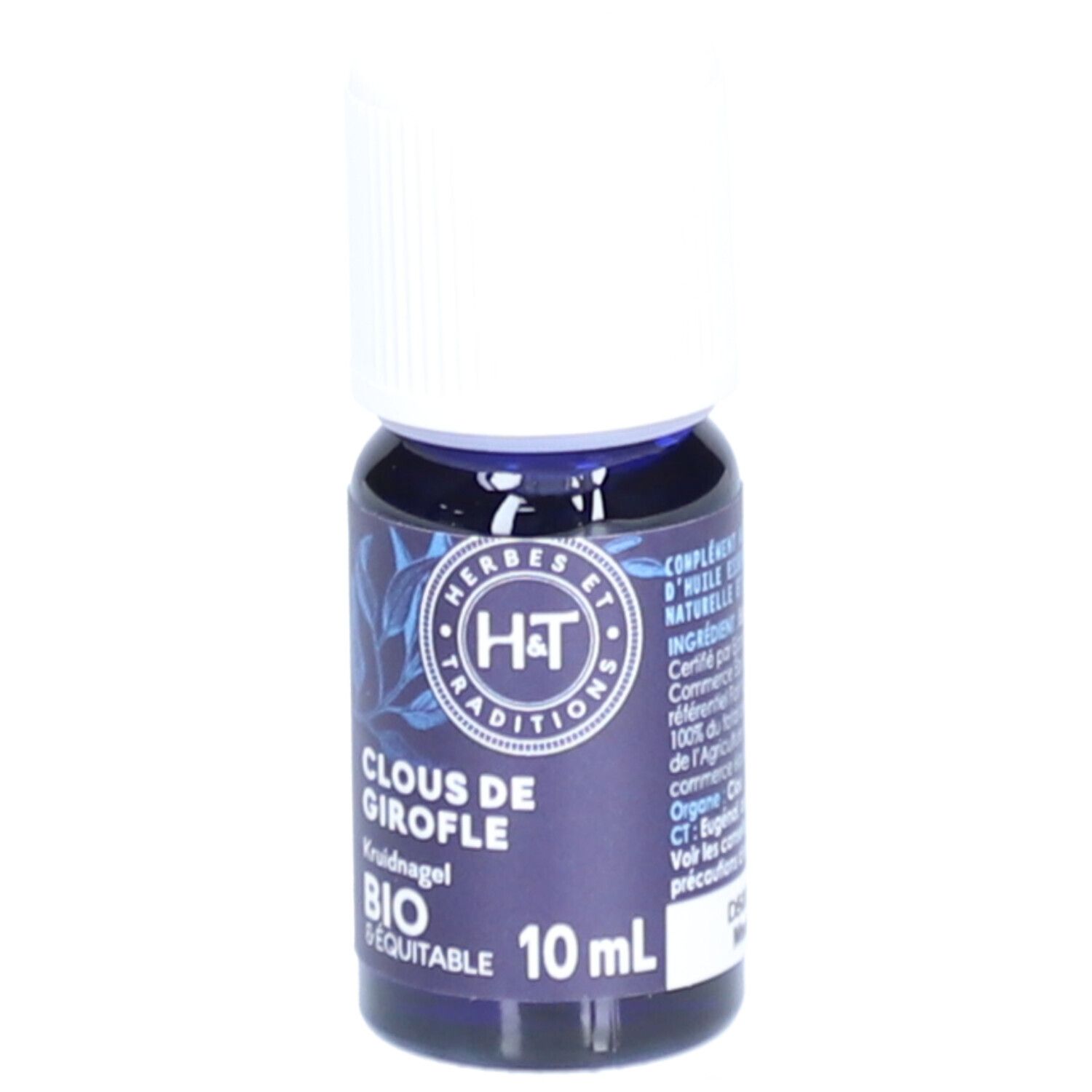 Flacon en verre bleu foncé avec bouchon blanc. Inscription: H&T, Clous de Girofle, 10 ml. Certification Bio.