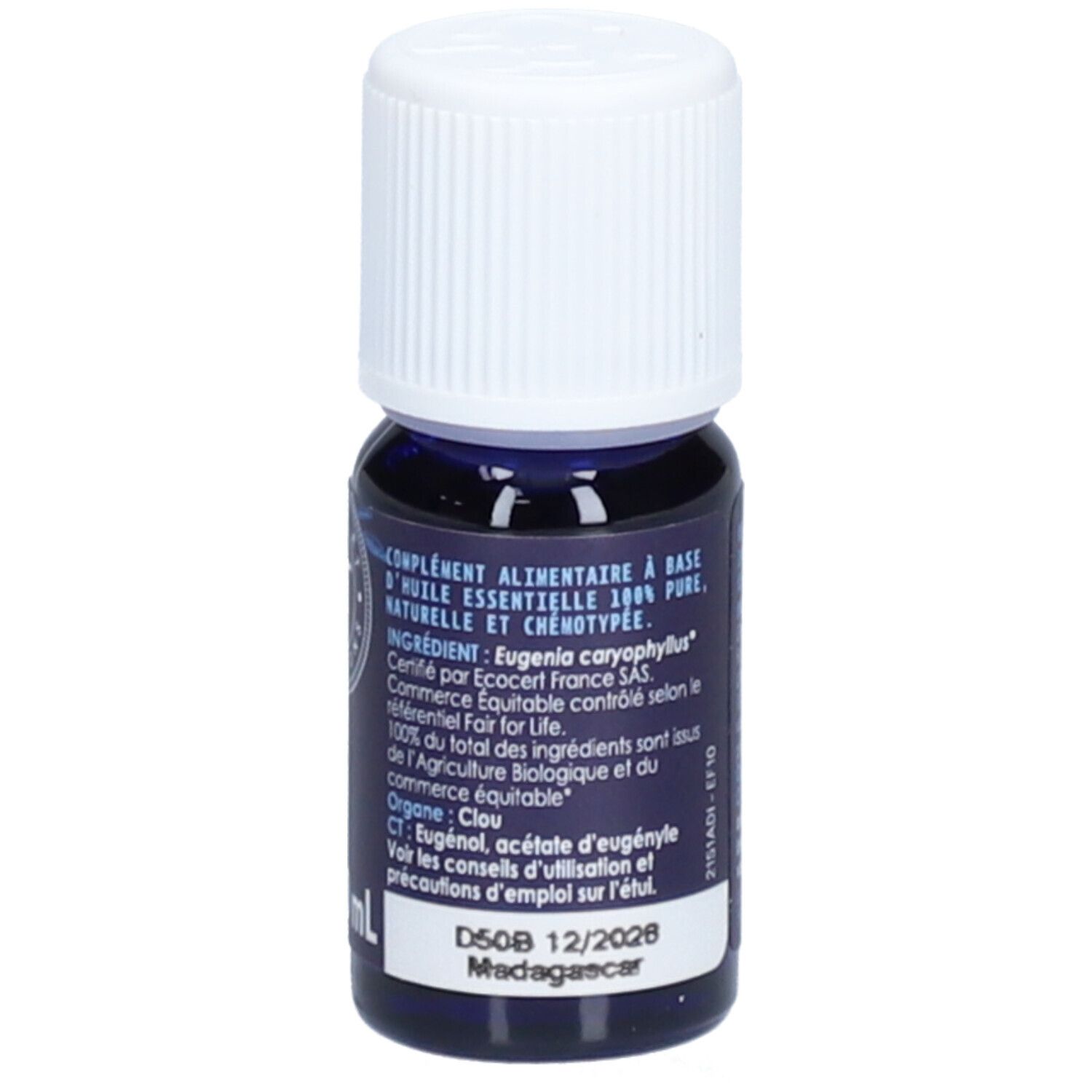 Flacon bleu foncé avec bouchon blanc. Inscription: H&T, Clous de Girofle, Bio & Equitable. DDM 12/2026.
