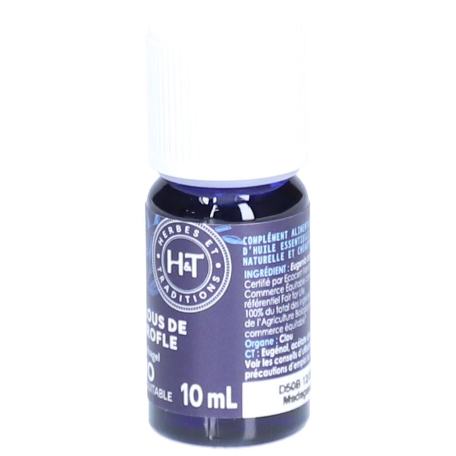 Flacon en verre bleu foncé avec bouchon blanc. Inscription: H&T, Clous de Girofle, 10 ml. Certification Bio.
