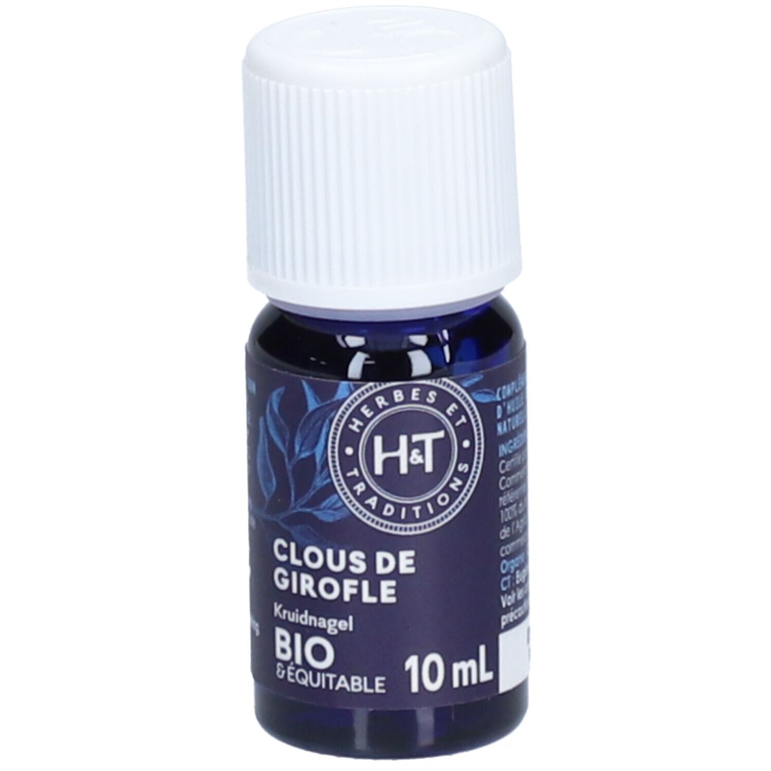 Flacon bleu foncé avec bouchon blanc. Inscription: H&T, Clous de Girofle, 10 ml. Bio & Equitable.