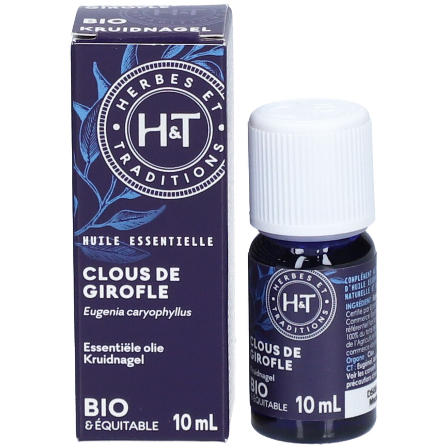 Emballage produit avec flacon. Inscription: H&T, Clous de Girofle, 10 ml. Bio & Equitable. Flacon avec bouchon blanc.