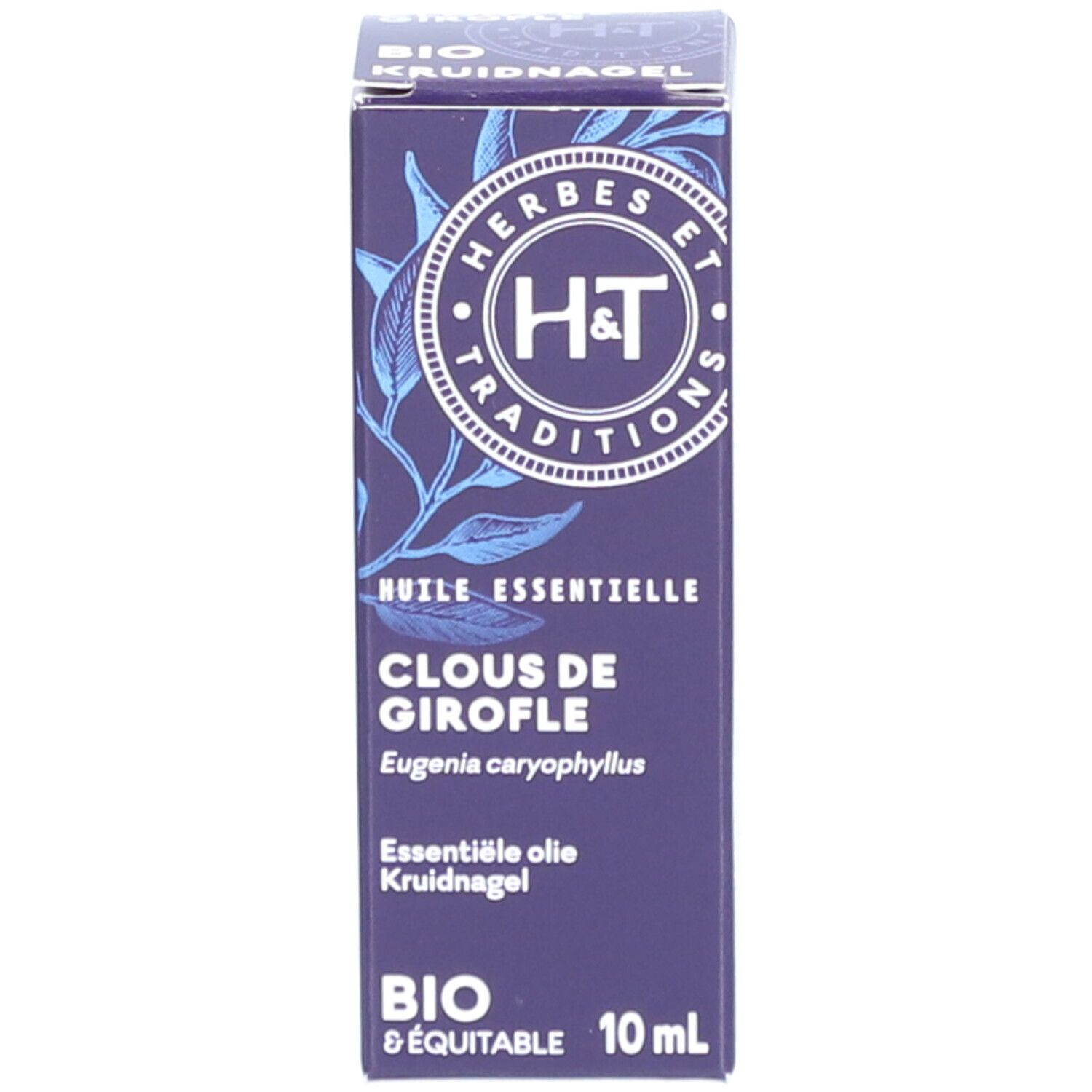 Emballage produit. Inscription: H&T, Clous de Girofle, 10 ml. Bio & Equitable. Couleur bleu foncé.