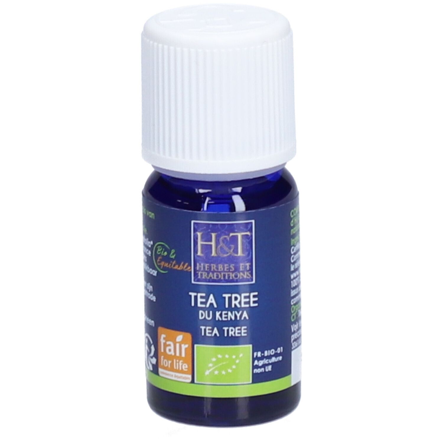 Blaue Glasflasche mit weißem Deckel. Aufschrift: H&T, Tea Tree du Kenya, Fair for Life, Bio-Zertifizierung.