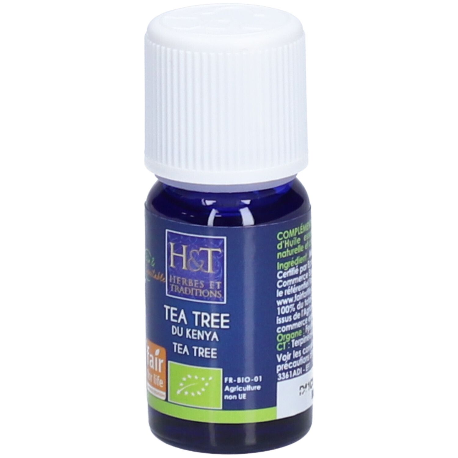 Blaue Glasflasche mit weißem Deckel. Aufschrift: H&T, Tea Tree du Kenya, Fair for Life, Bio-Zertifizierung.