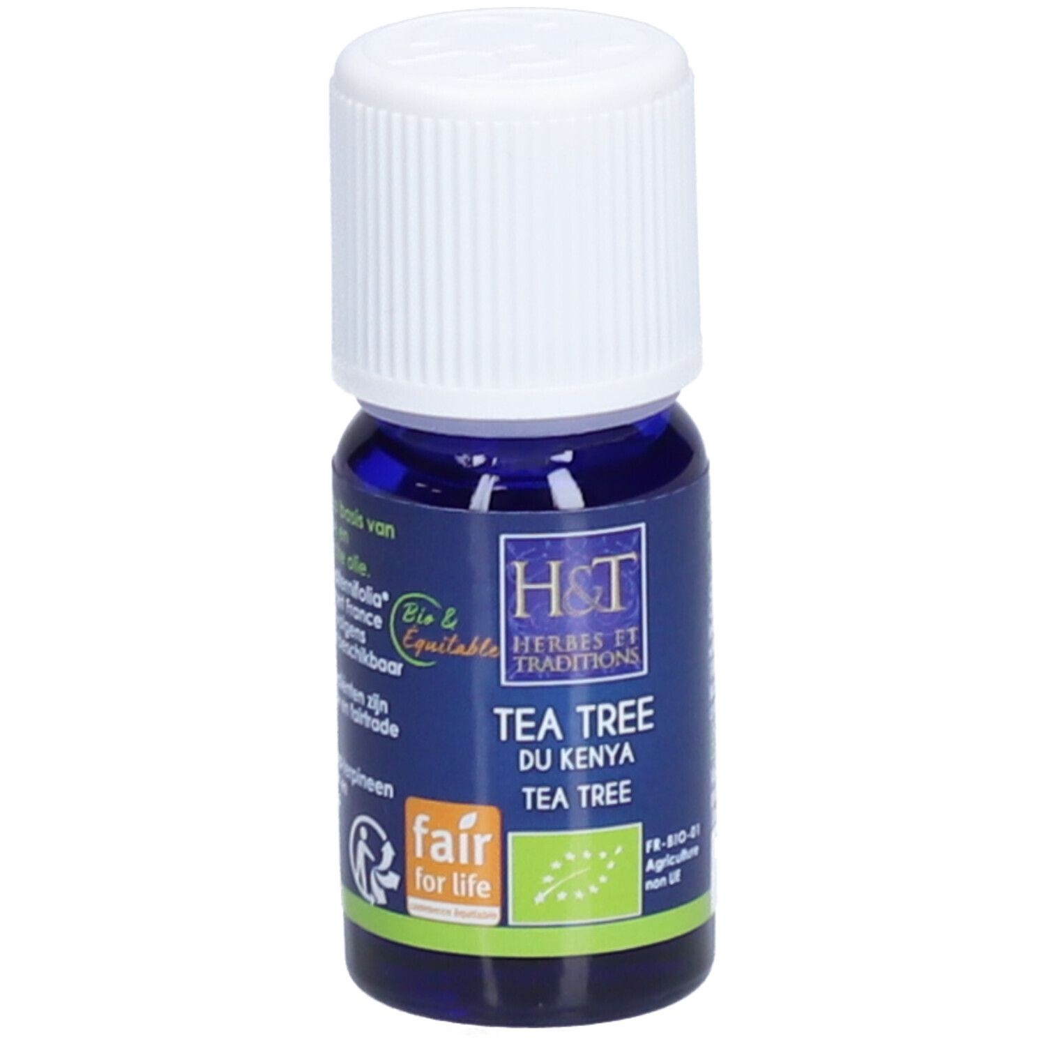 Blaue Glasflasche mit weißem Deckel. Aufschrift: H&T, Tea Tree du Kenya, Fair for Life, Bio-Zertifizierung.