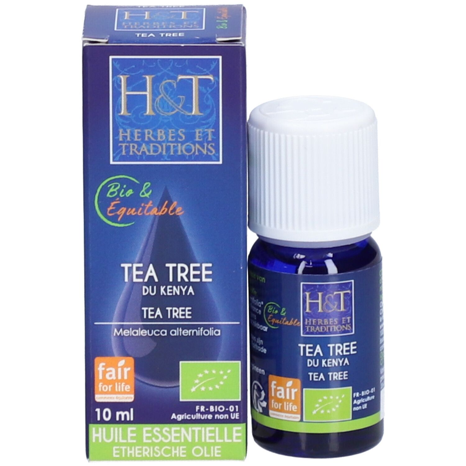 Produktverpackung mit Flasche. Aufschrift: H&T, Tea Tree, 10 ml, Bio & Equitable, Fair for Life, ätherisches Öl.