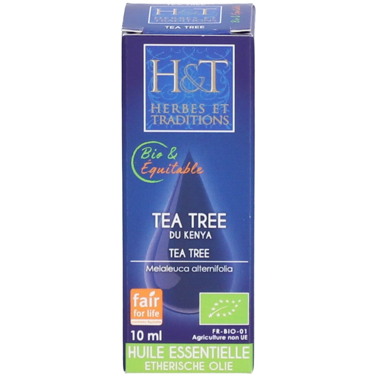 Produktverpackung. Aufschrift: H&T, Tea Tree, 10 ml, Bio & Equitable, Fair for Life, ätherisches Öl.