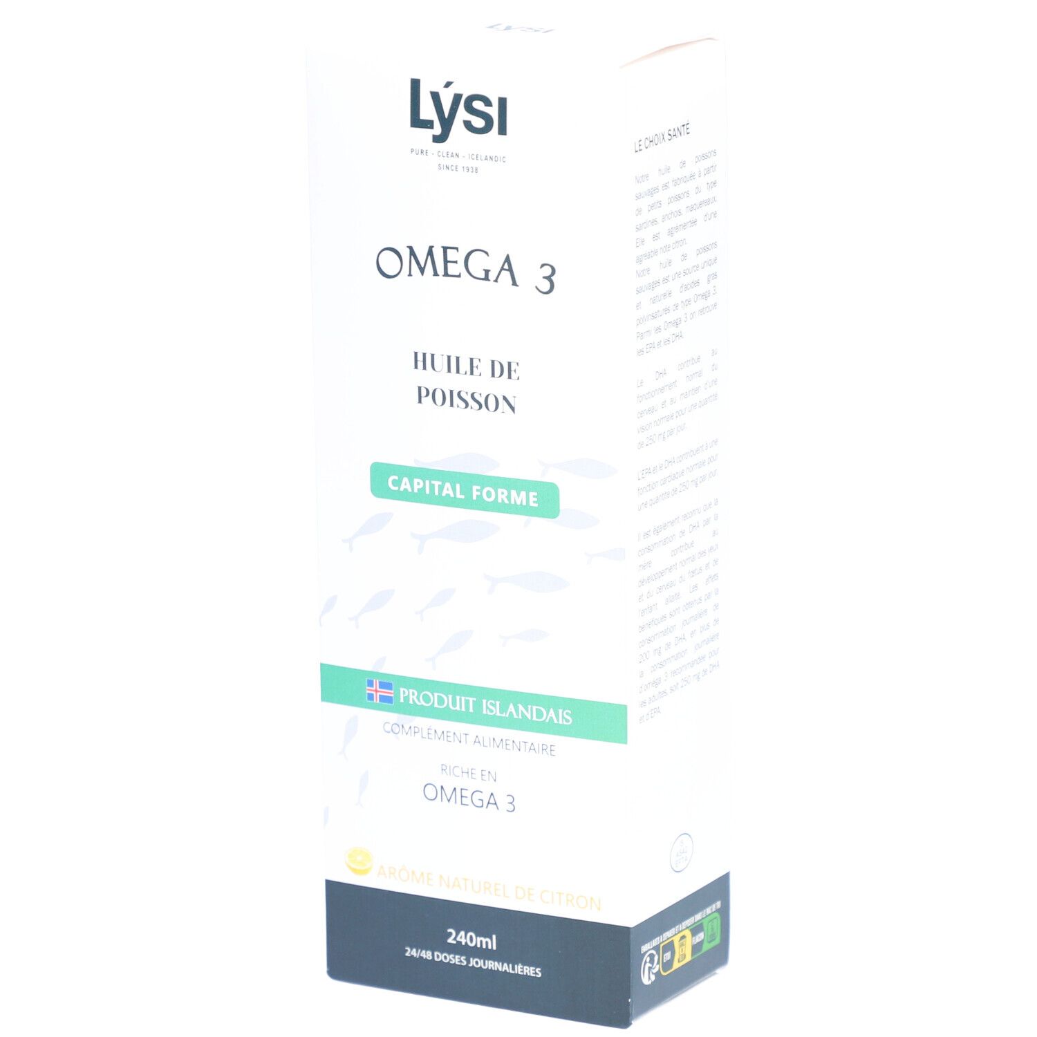 Boîte blanche avec "OMEGA 3". Texte : "Huile de poisson Capital Forme". Produit islandais. 240ml. Arôme naturel de citron.