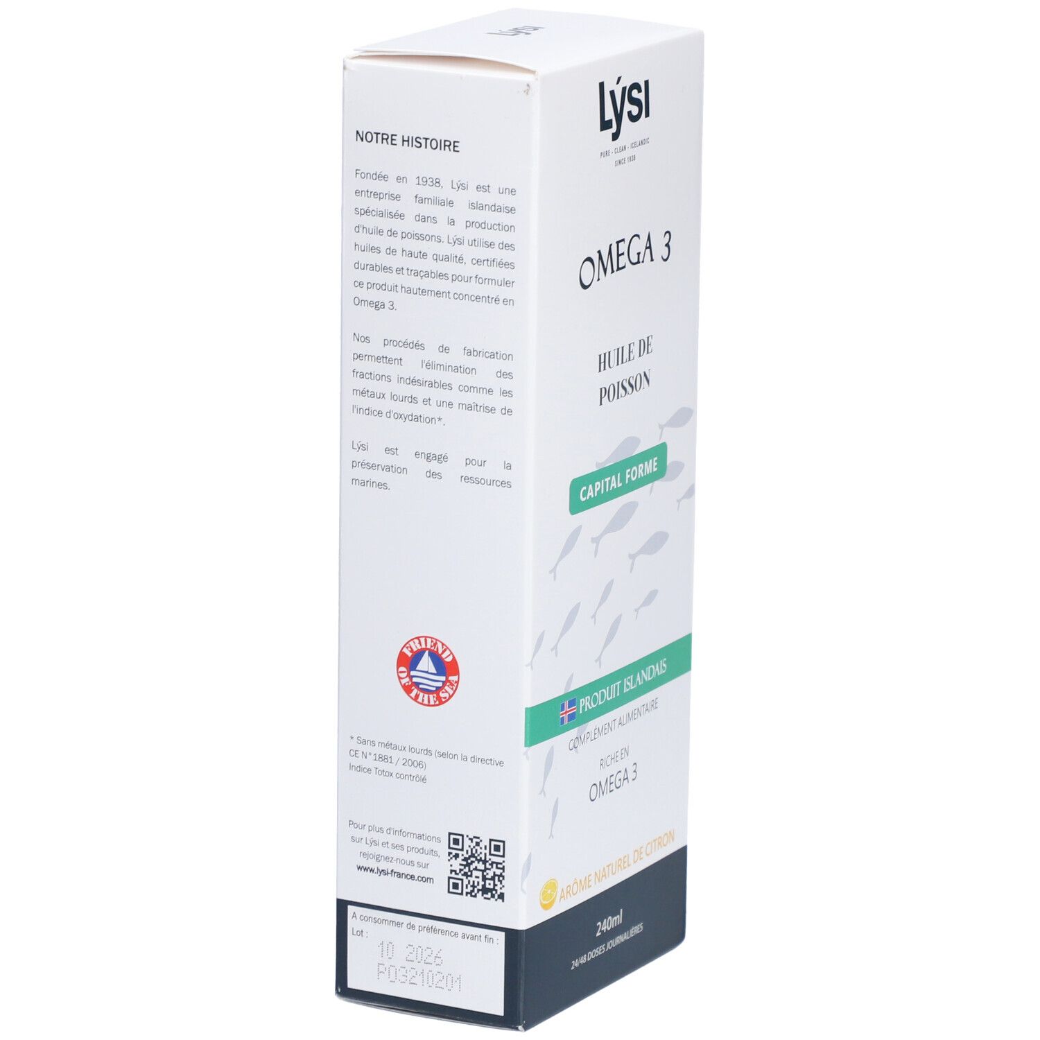 Boîte blanche avec "OMEGA 3". Texte : "Huile de poisson Capital Forme". Produit islandais. 240ml. Code QR et date de péremption.