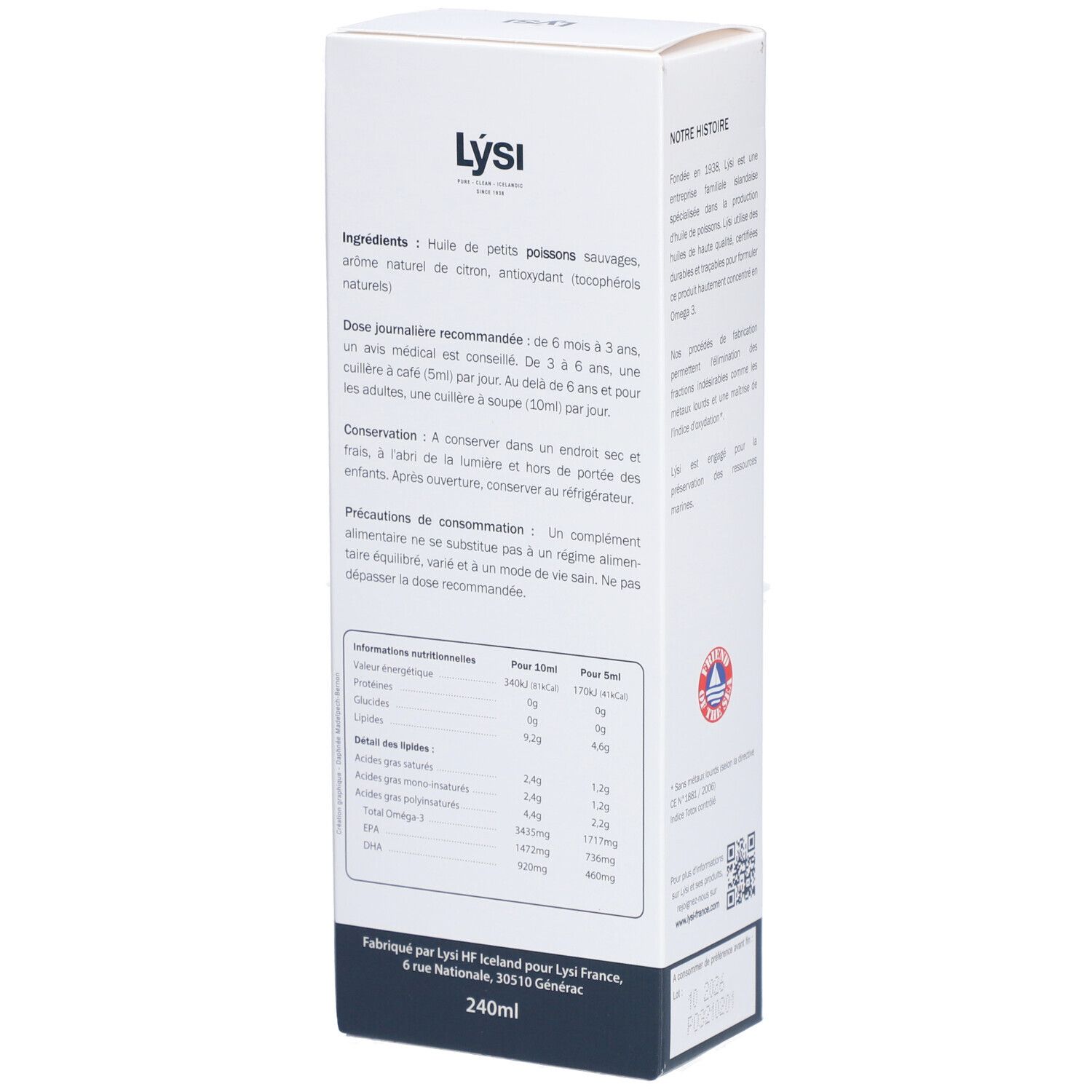Boîte blanche avec ingrédients et informations nutritionnelles. Texte : "OMEGA 3". 240ml. Contient huile de poisson, arôme citron naturel.