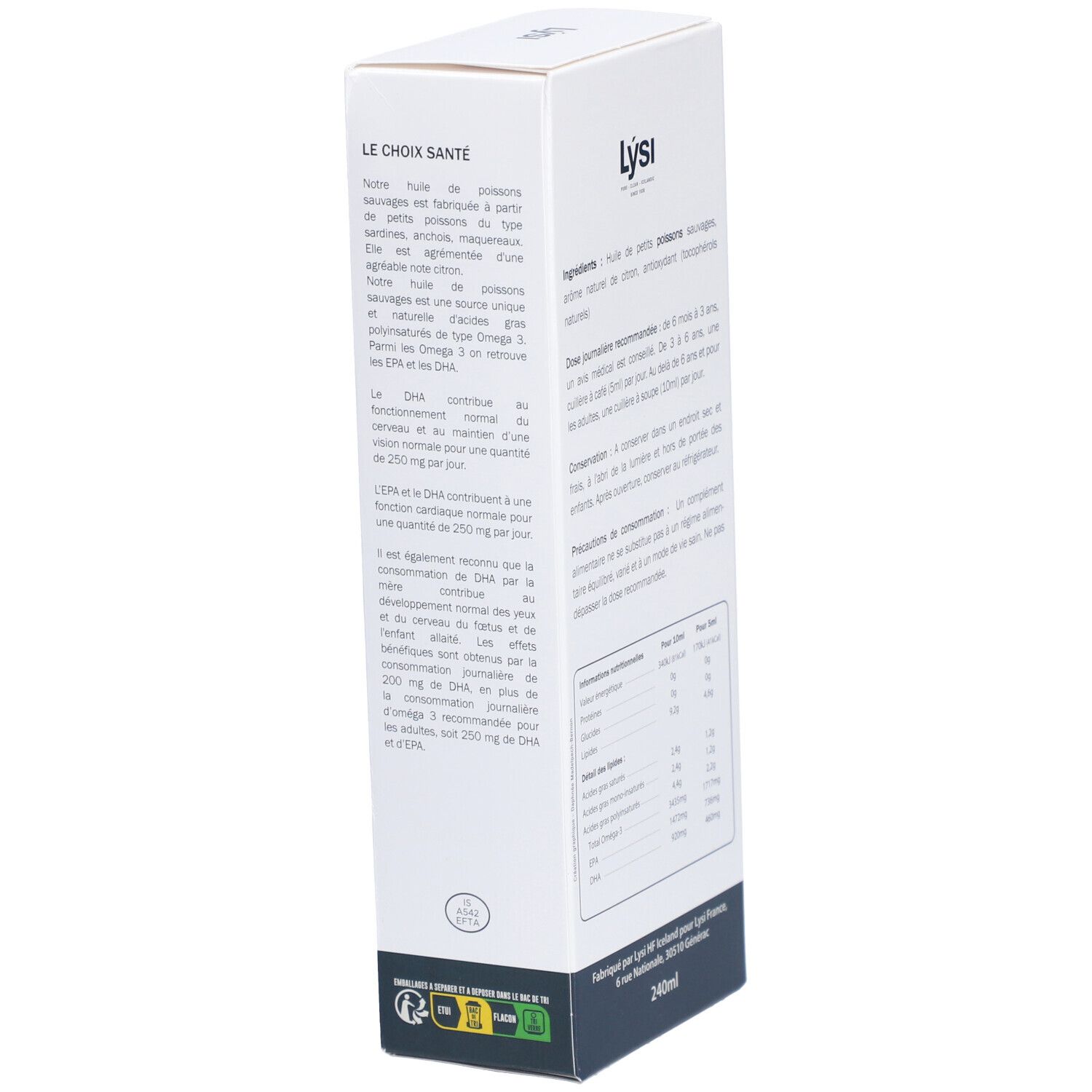 Boîte blanche avec texte sur les bienfaits des oméga-3. Texte : "OMEGA 3". 240ml. Contient DHA et EPA.
