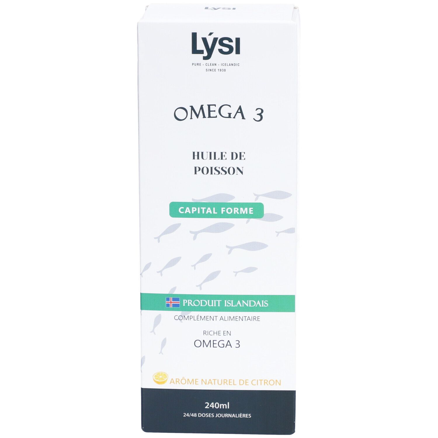 Boîte blanche avec "OMEGA 3". Texte : "Huile de poisson Capital Forme". Produit islandais. 240ml. Arôme naturel de citron.