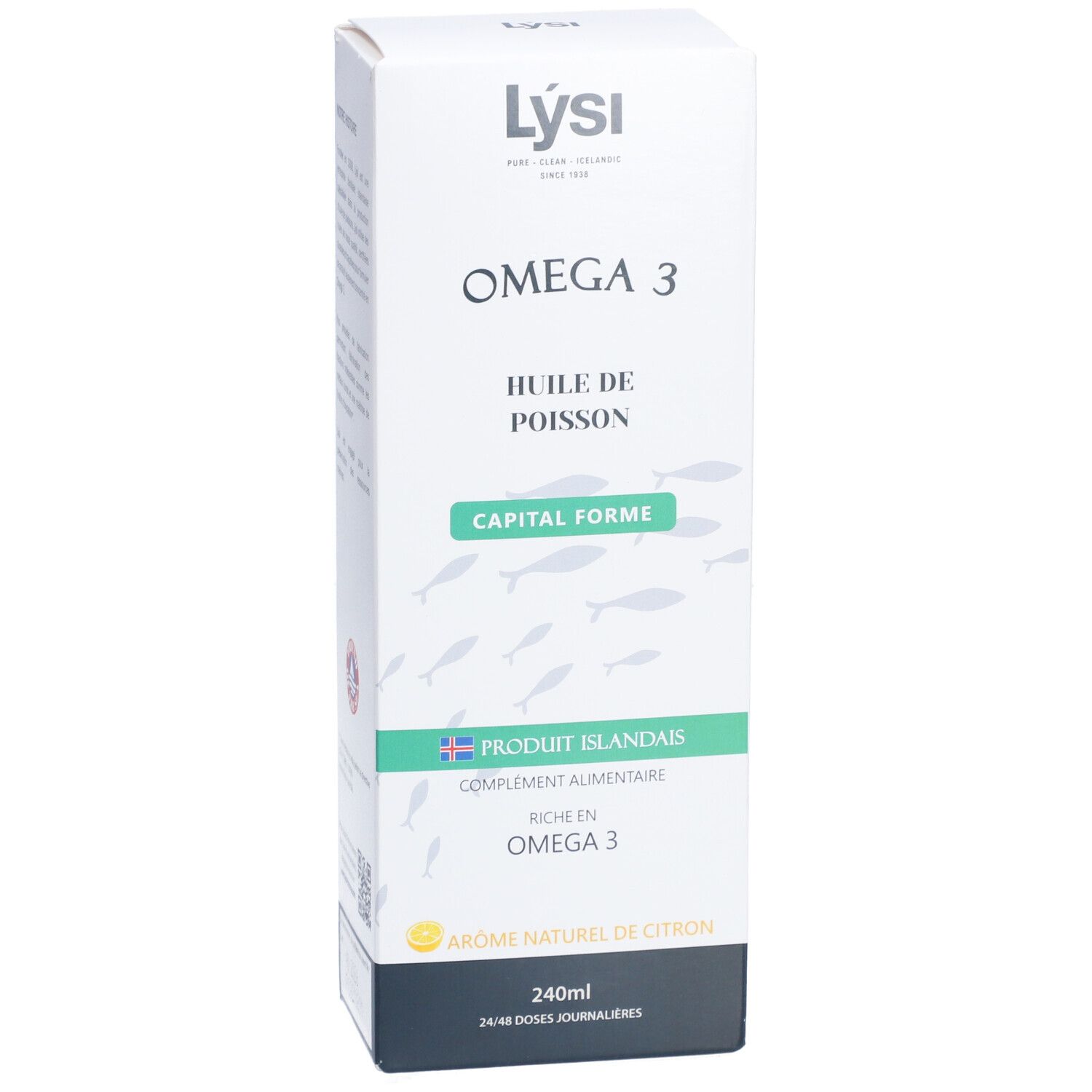 Boîte blanche avec "OMEGA 3". Texte : "Huile de poisson Capital Forme". Produit islandais. 240ml. Arôme naturel de citron.