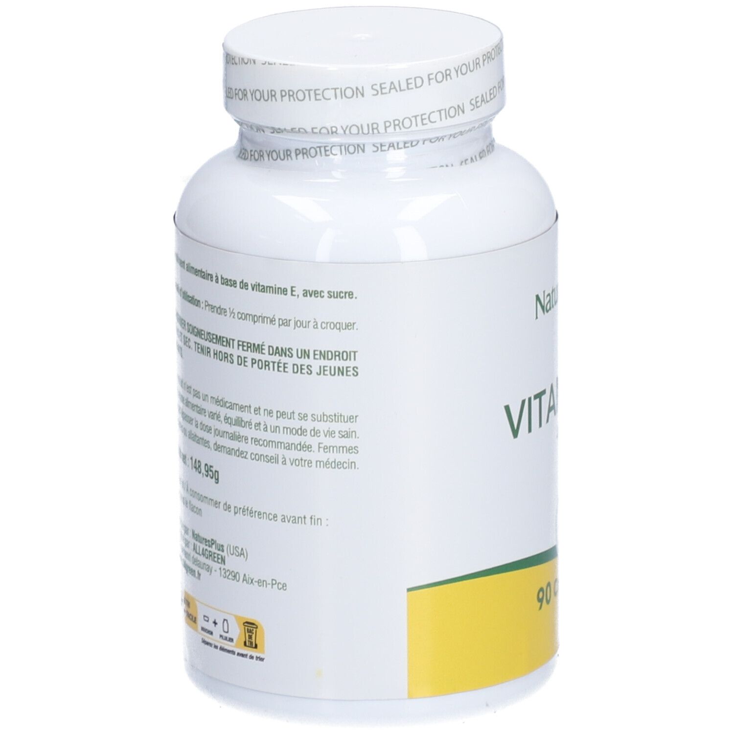 Flacon blanc de vitamine E. Inscription: VITAMINE E, 400UI. Sceau sur le couvercle.