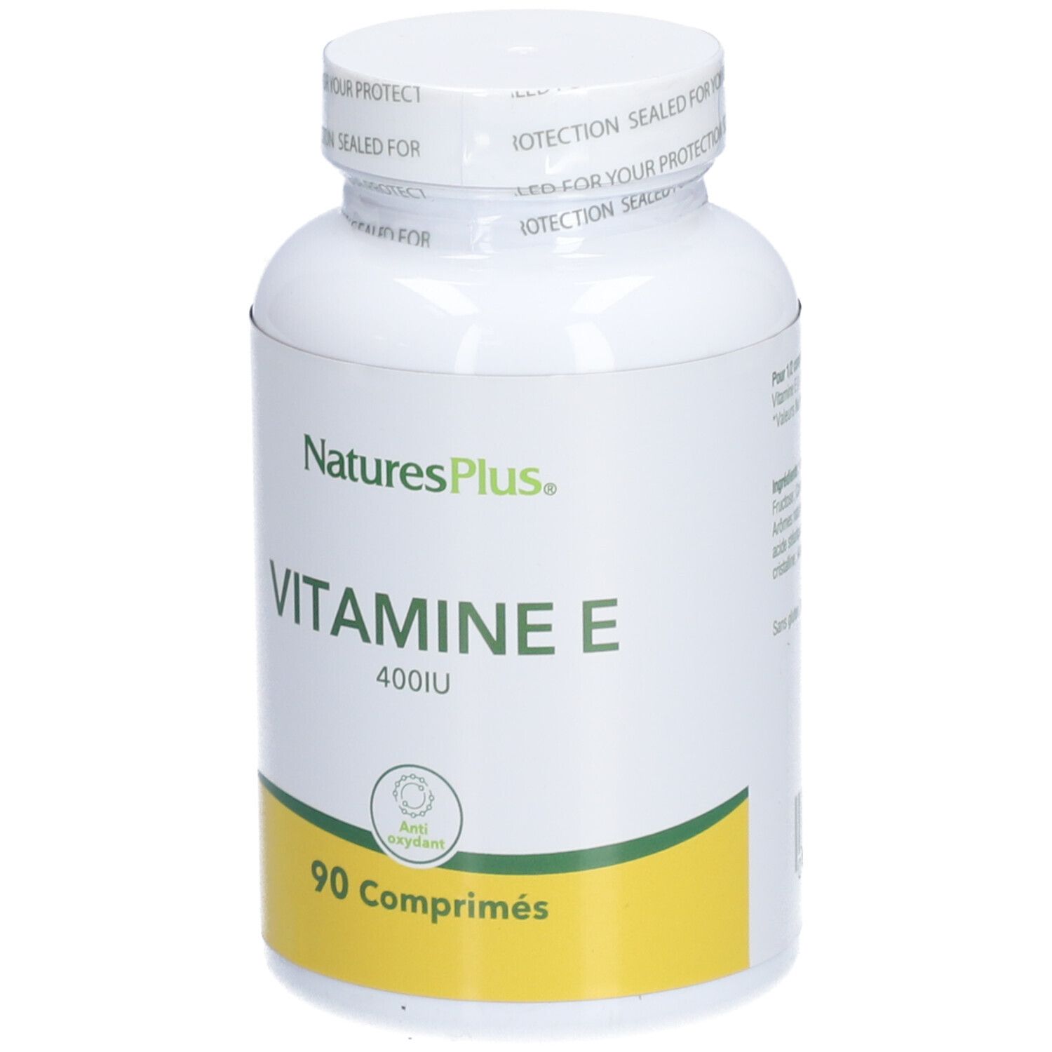 Flacon blanc avec étiquette jaune. Inscription: NaturesPlus, VITAMINE E, 400UI, 90 comprimés.
